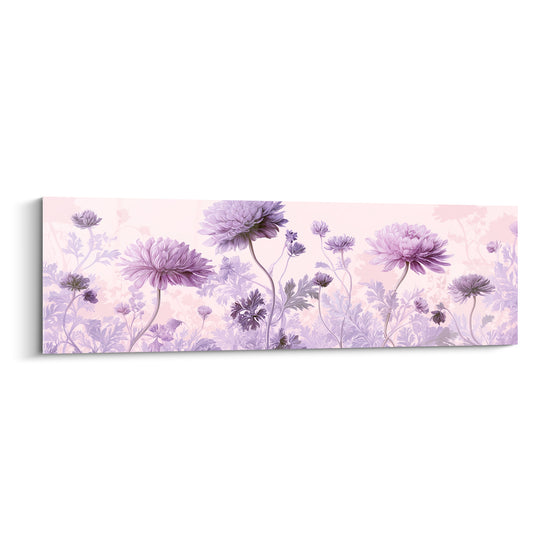 Chrysanthèmes mauves et roses aux tiges fines, illustration botanique sur fond pastel délicat