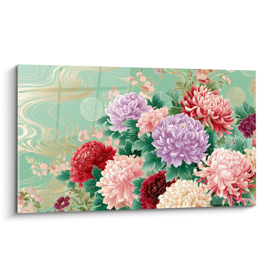 Blumenbild Chrysanthemen Lila und Rosa mit Türkisblauem Hintergrund - Blühender orientalischer Garten - Edition Chrysanthème