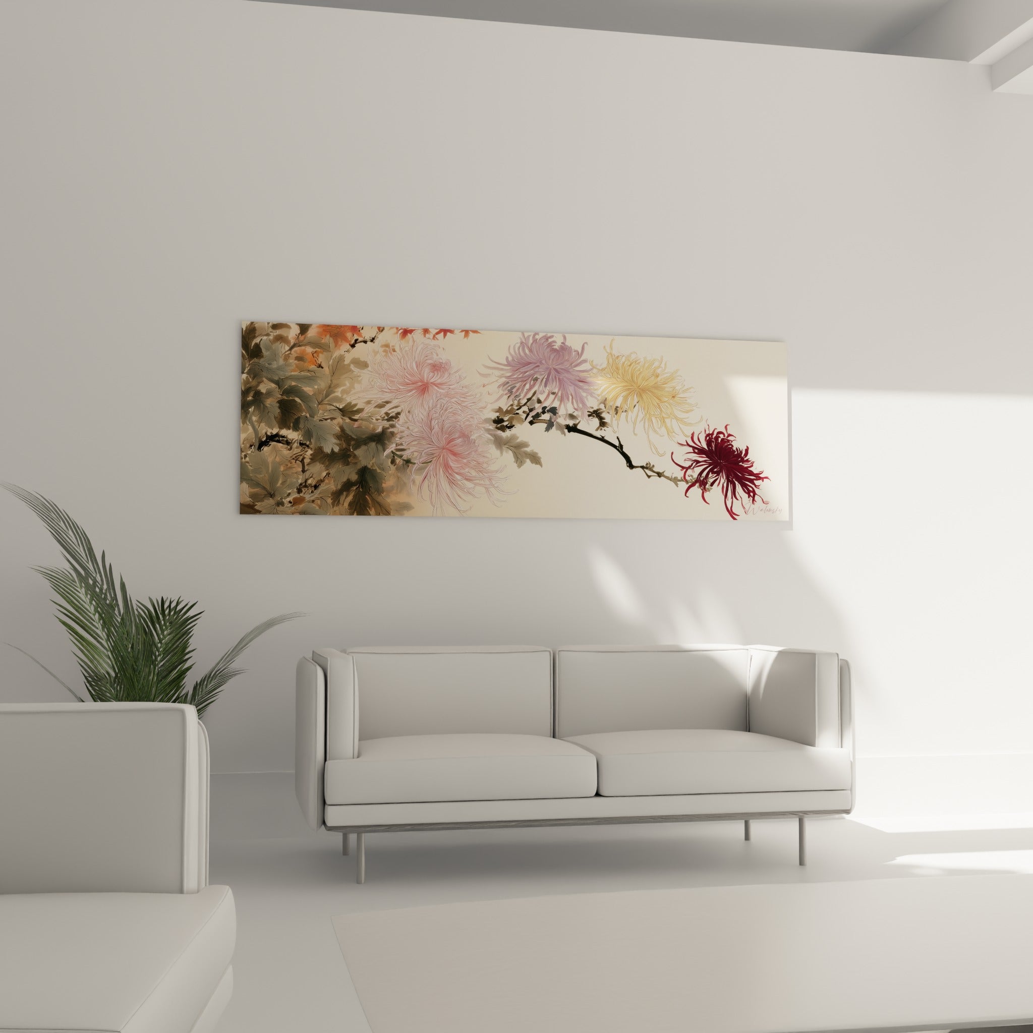 Fleurs de chrysanthème mauves et safran peintes en aquarelle au-dessus d'un canapé dans un salon lumineux