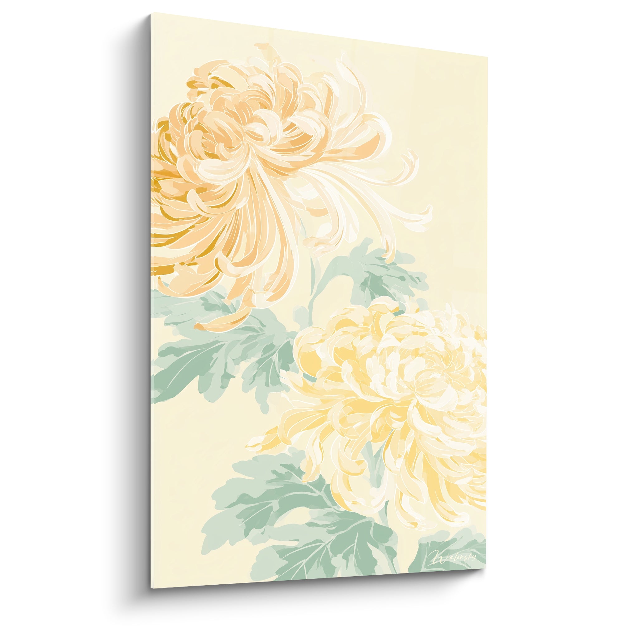 Chrysanthèmes ocre et vert sauge peints en aplats fluides sur fond crème lumineux