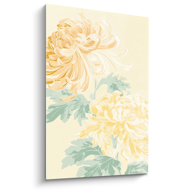 Tableau Chrysanthèmes pêche et jaune pâle sur feuillage vert amande - Duo floral entrelacé - Edition Chrysanthème