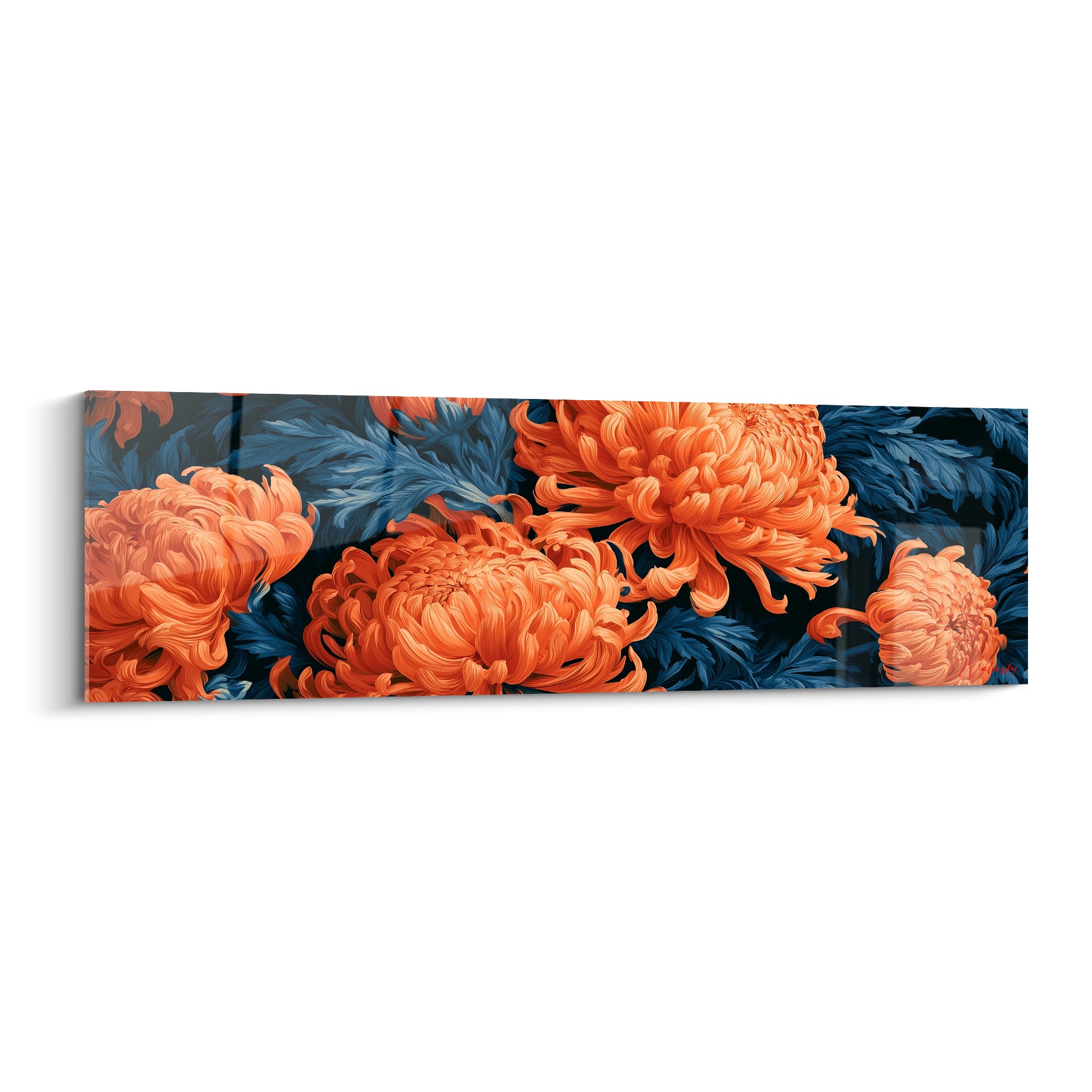 Chrysanthèmes orange vif déployés sur un feuillage bleu marine sombre et dense
