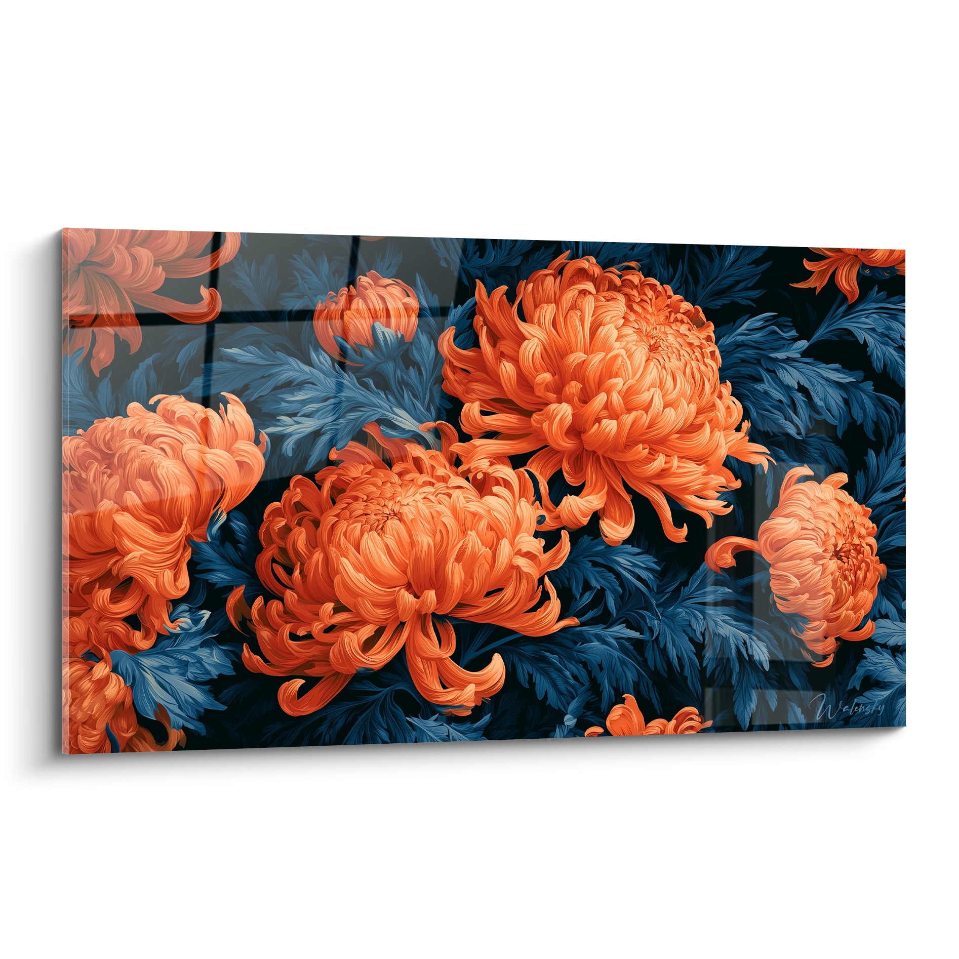 Chrysanthèmes orange vif épanouis sur feuillage bleu marine dense, composition florale peinte avec précision