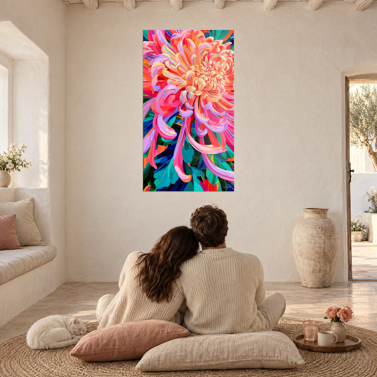Cuadro crisantemo flamígero naranja y rosa, follaje turquesa, contemplado por una pareja de espaldas sentada en cojines, con un gato al lado
