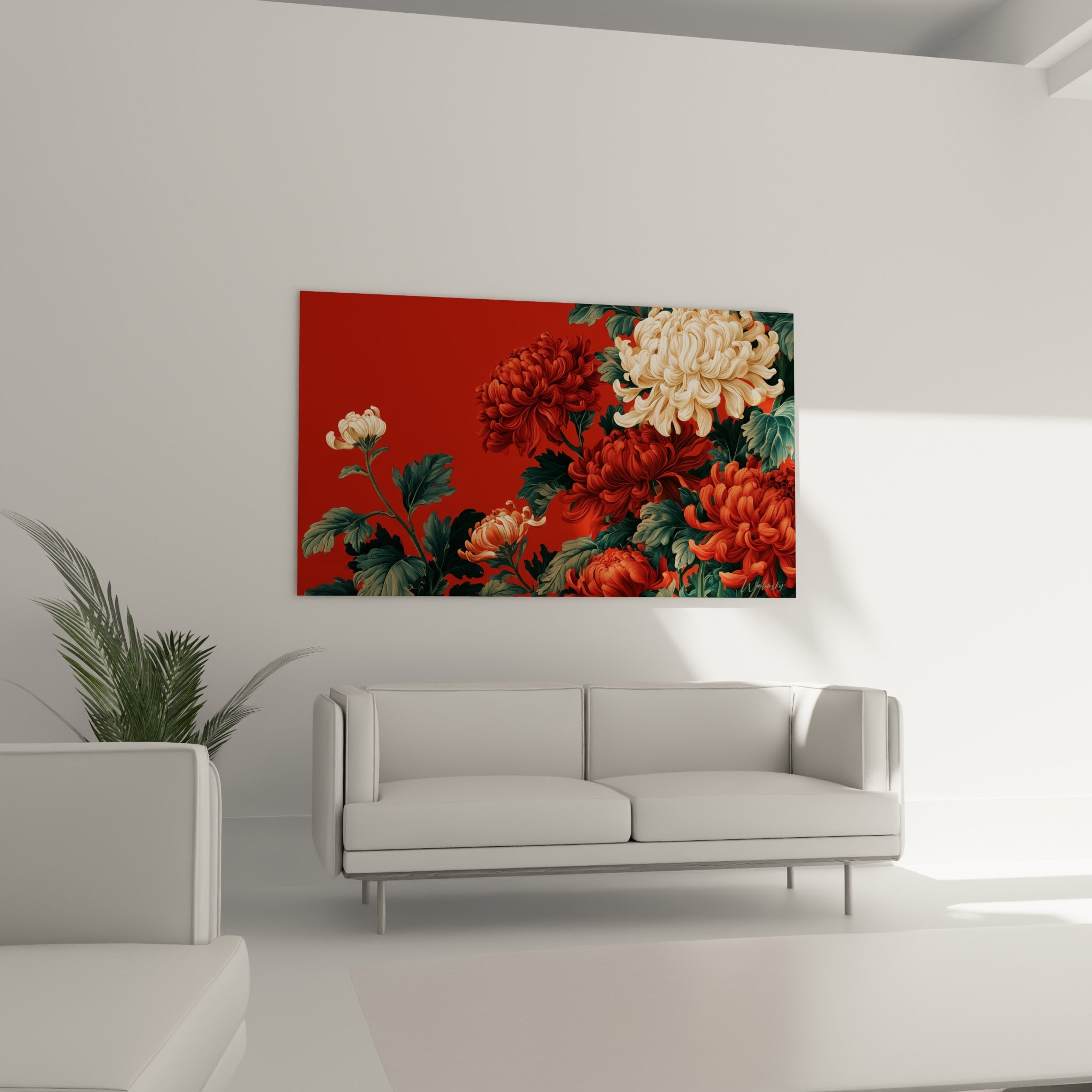 Corolles de chrysanthème ivoire et orangé cuivré, au-dessus d'un canapé dans un salon lumineux