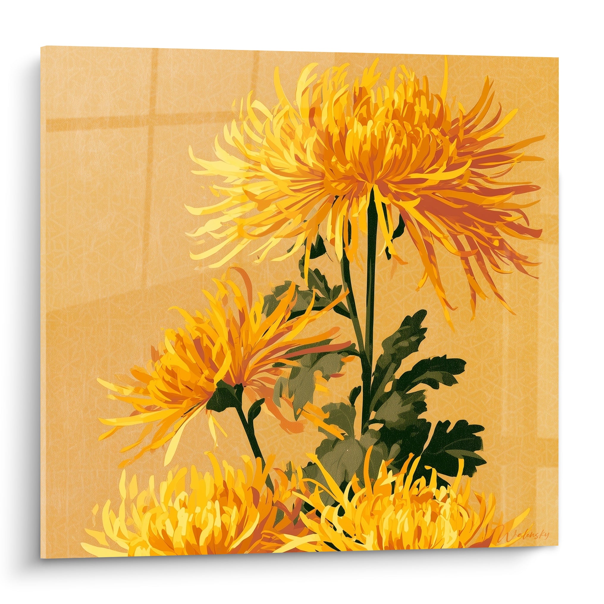 Chrysanthèmes orange et dorés aux pétales effilés sur fond beige texturé, style graphique