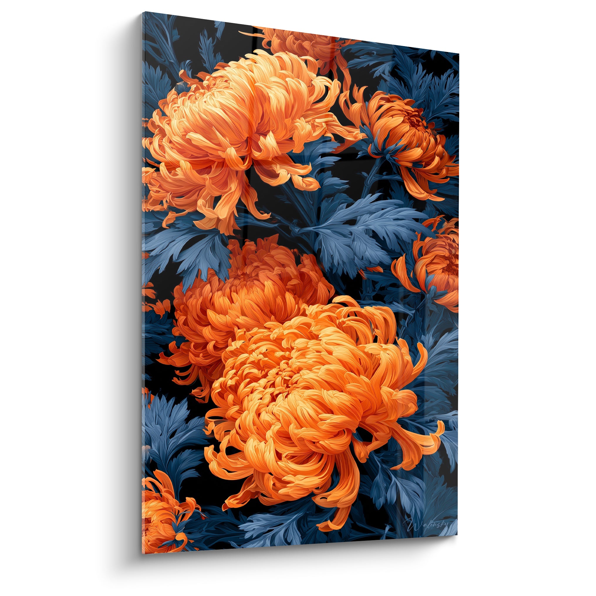 Chrysanthèmes orange fauve épanouis sur fond bleu anthracite, pétales soyeux en plein cadre