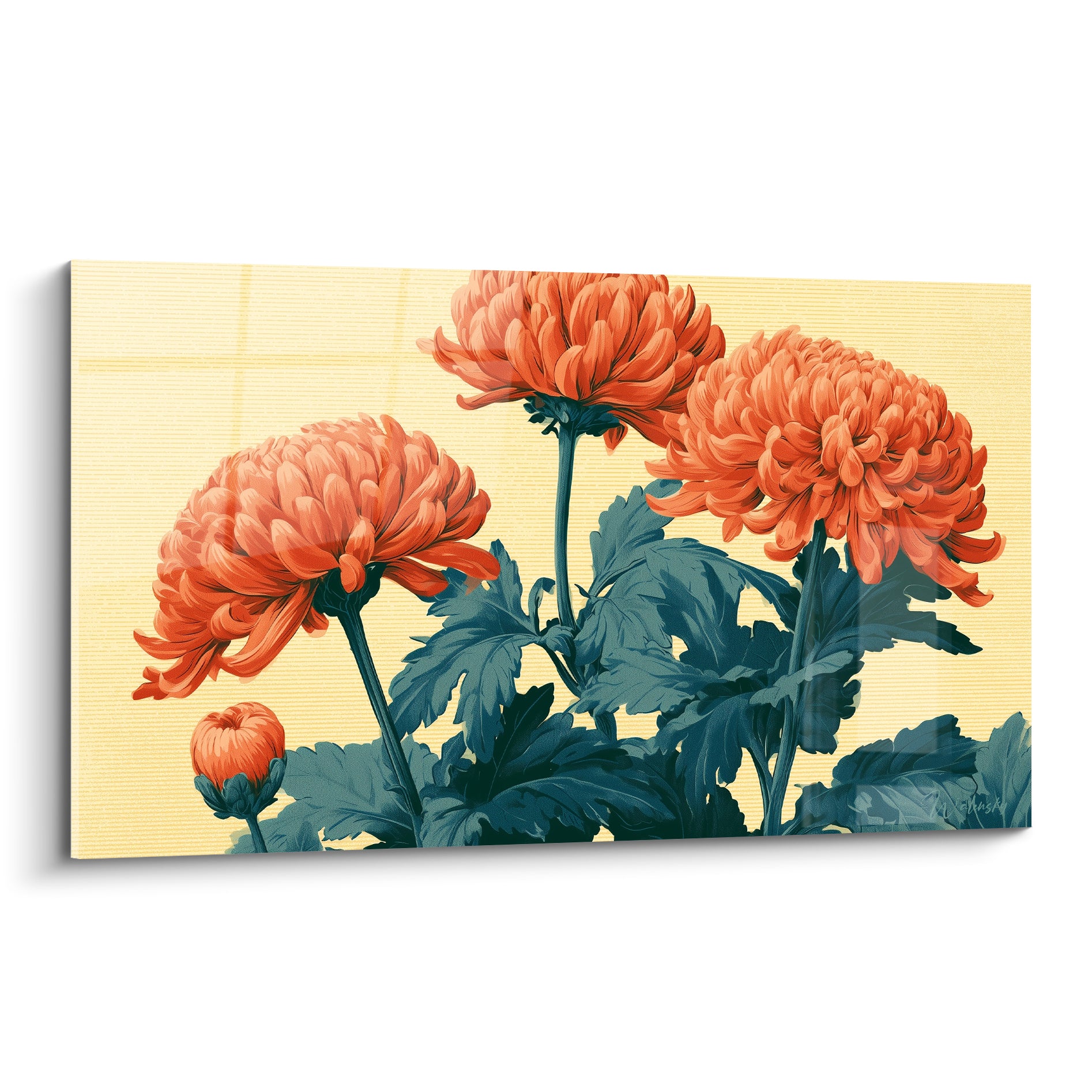 Chrysanthème orange aux pétales denses sur fond jaune paille, style japonisant graphique