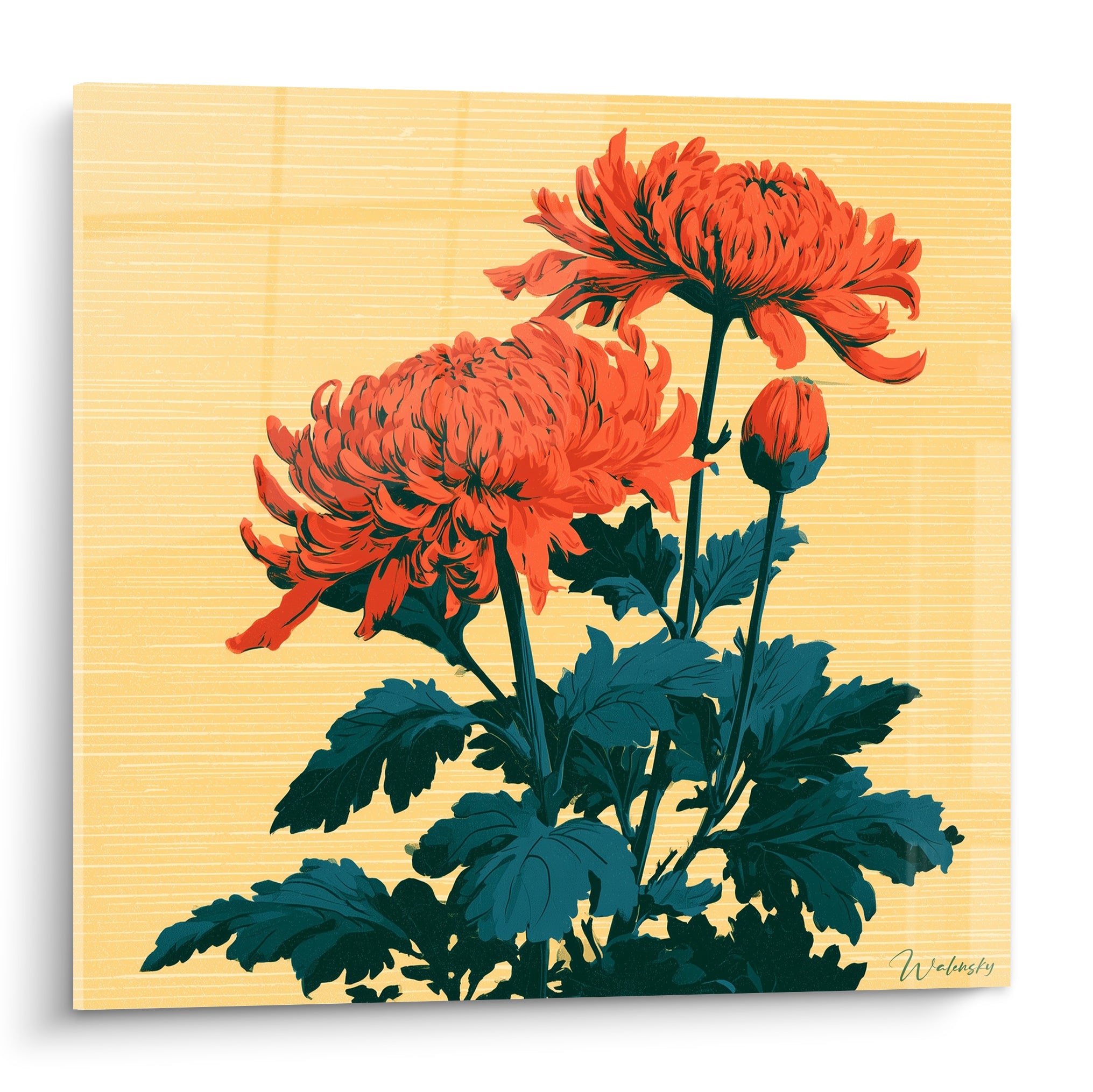 Chrysanthème orangé aux pétales déployés sur fond ocre jaune strié, style japonisant graphique