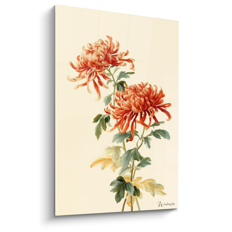 Tableau Chrysanthèmes orangés et verts aux tiges retombantes - Feuilles jaunies inférieures - Edition Chrysanthème