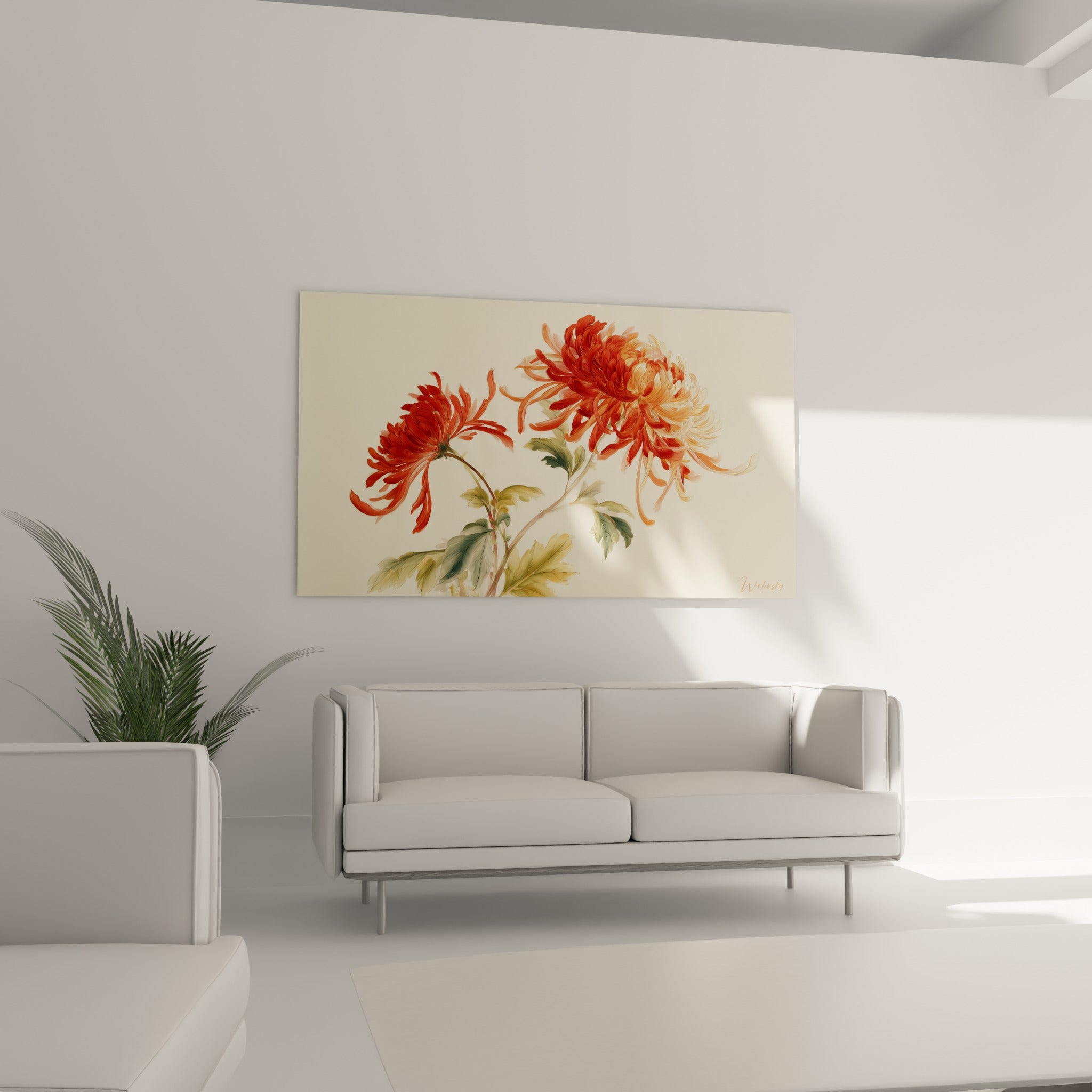 Bouquet de chrysanthème orangé et rouge, tiges vert olive, disposé au-dessus d'un canapé dans un salon lumineux