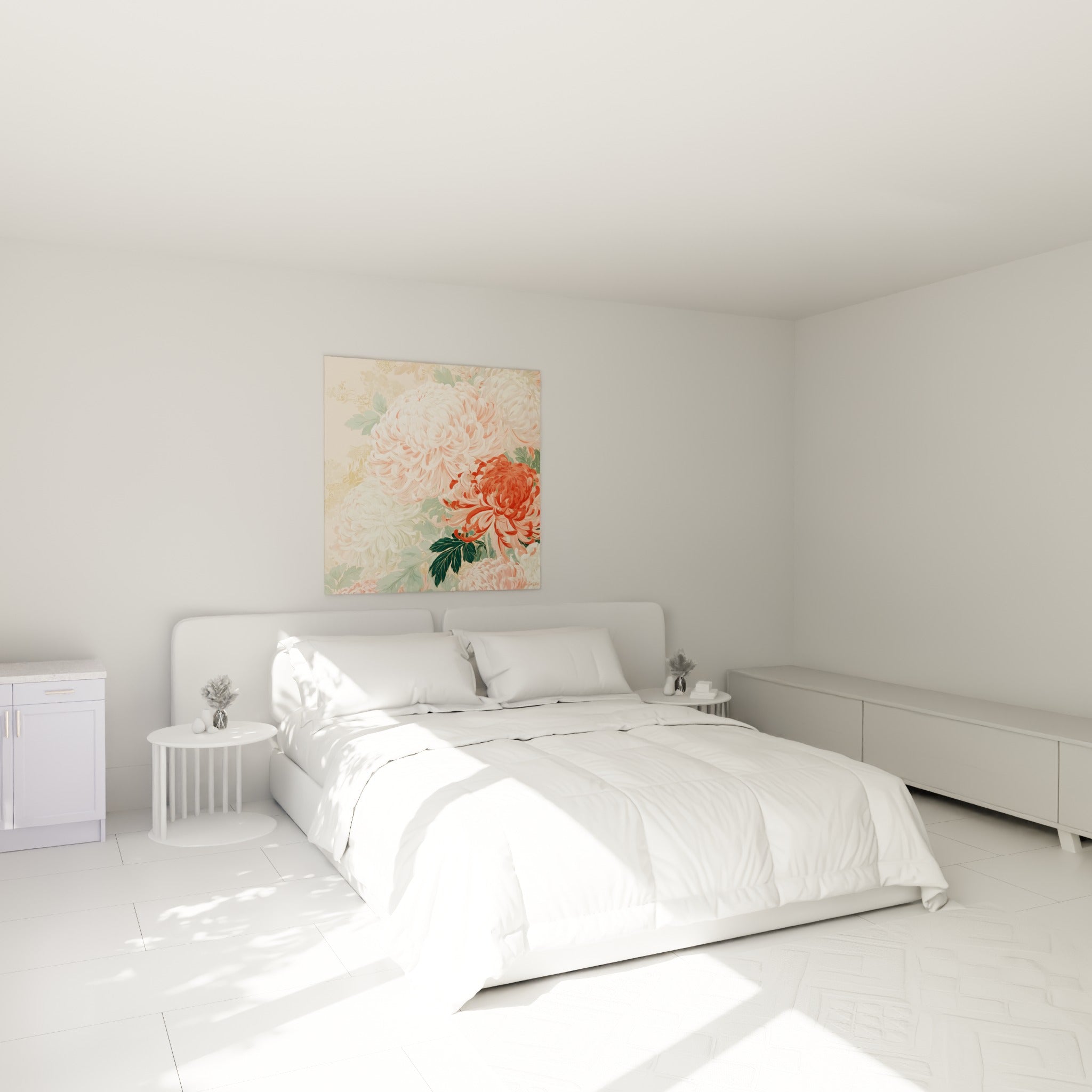 Bouquet de chrysanthèmes rose poudré et rouge corail accroché au-dessus d'un lit dans une chambre claire