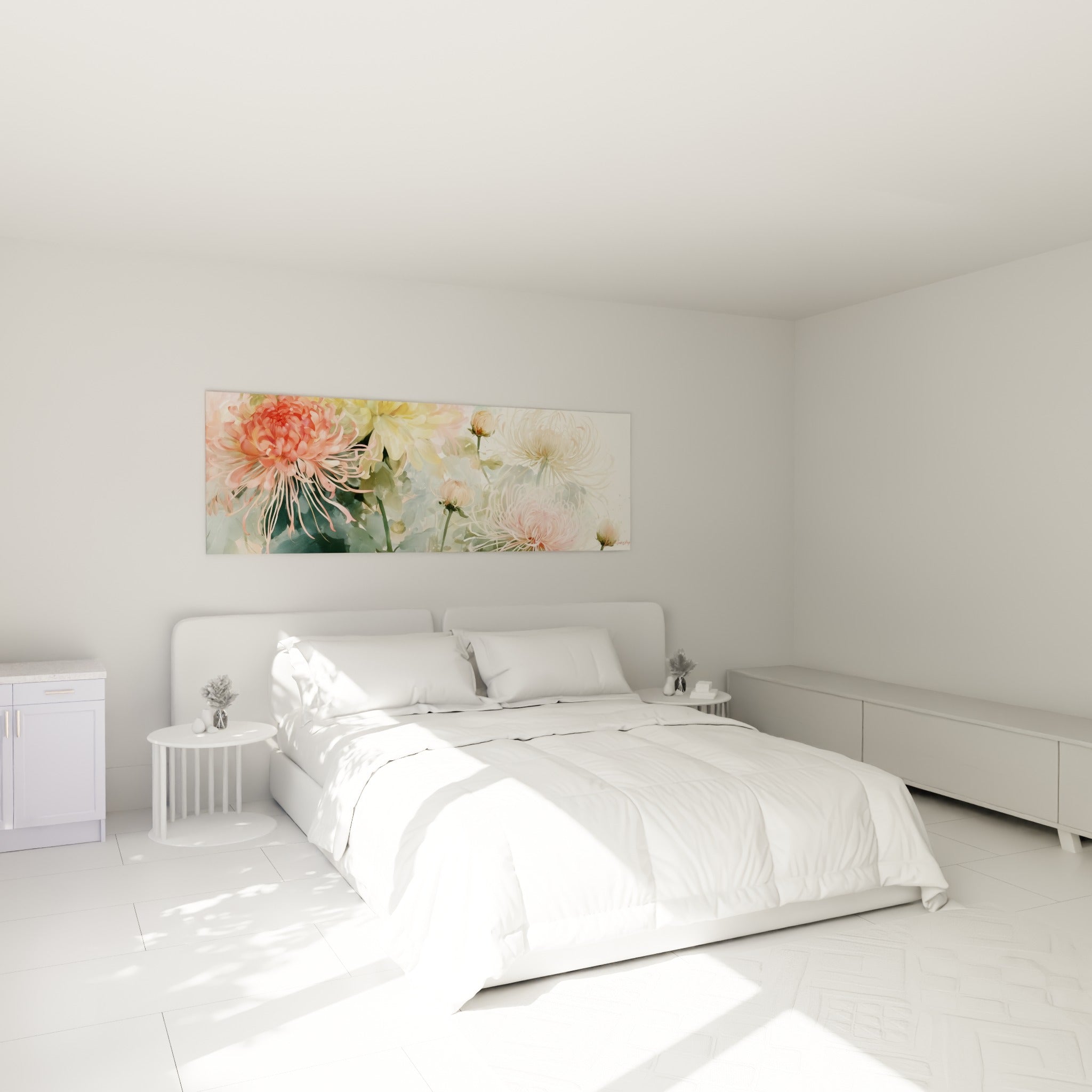 Fleurs de chrysanthème rose corail et crème peintes en aquarelle, au-dessus d'un lit dans une chambre claire