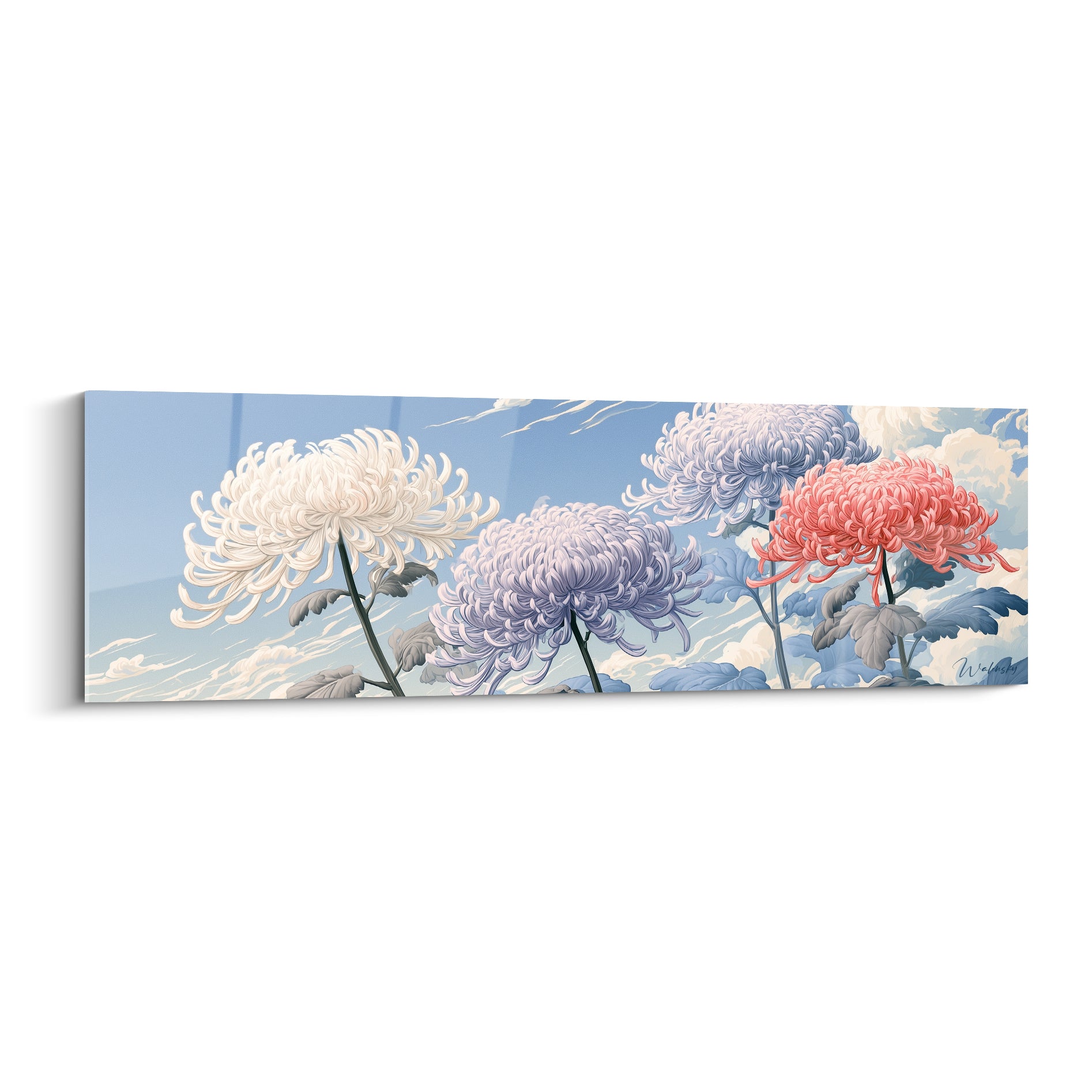 Chrysanthèmes blancs, lilas et corail dressés vers un ciel bleu nuageux, style illustratif détaillé