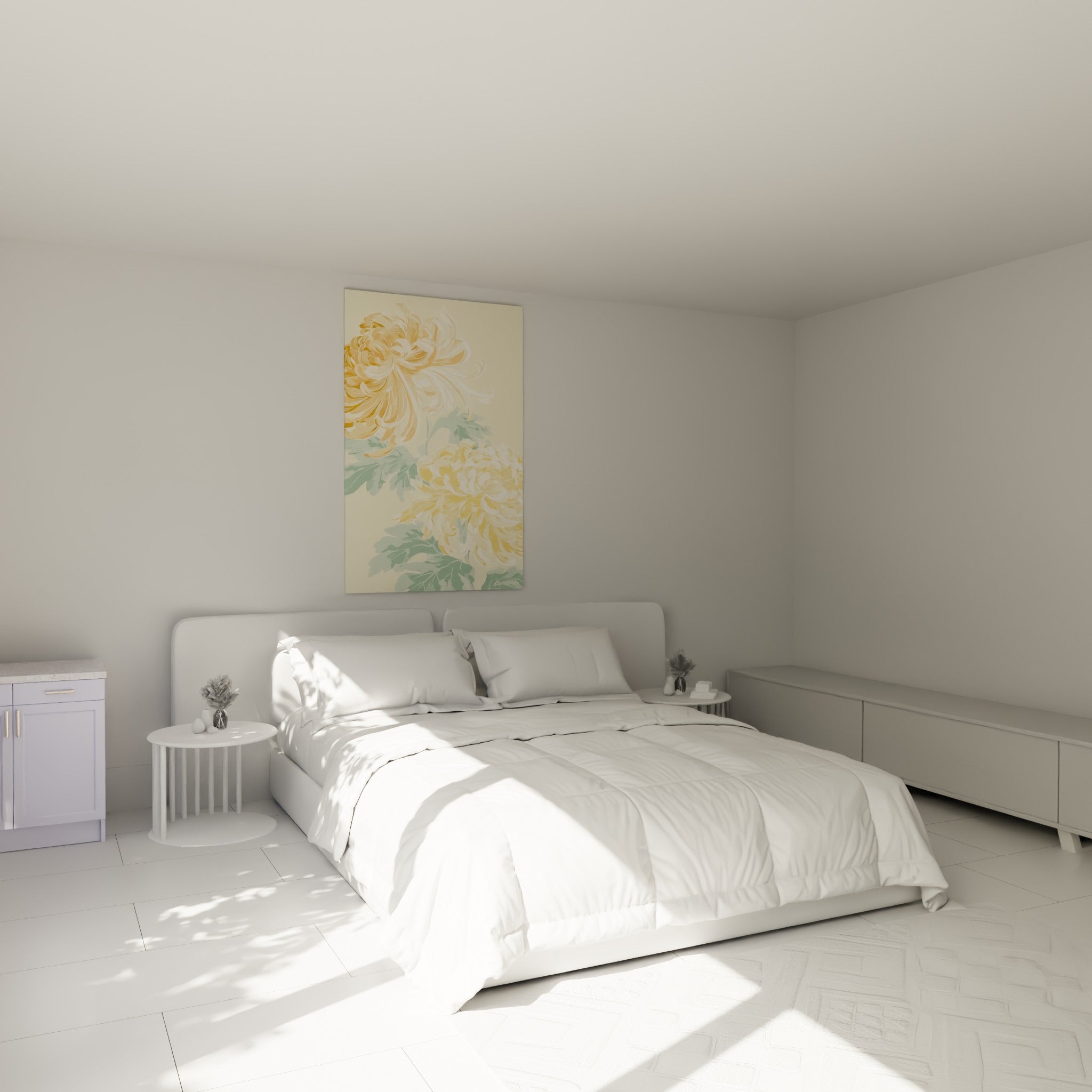 Fleurs de chrysanthème pêche et sauge accrochées au-dessus d'un lit dans une chambre claire
