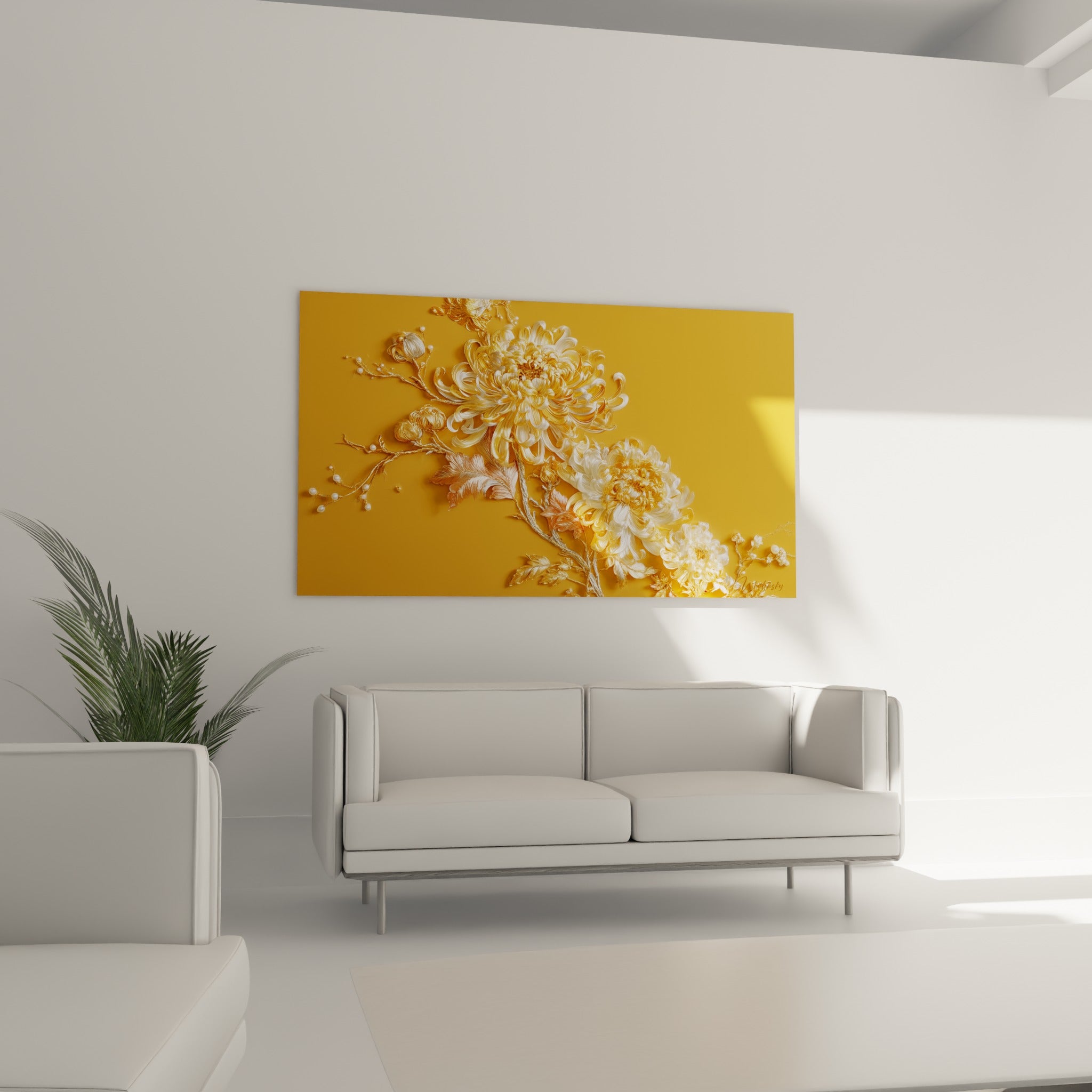 Branche de chrysanthème safran et or suspendue au-dessus d'un canapé dans un salon lumineux