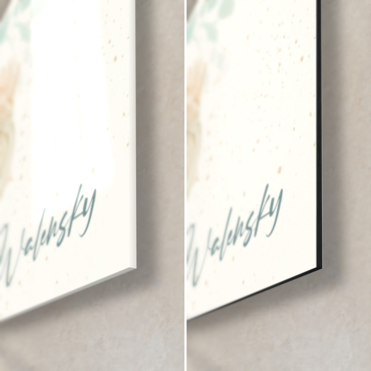 Wall art with watercolour chrysanthemums, blue-grey Walensky signature, bottom-right corner in glossy glass and matt black Dibond aluminium