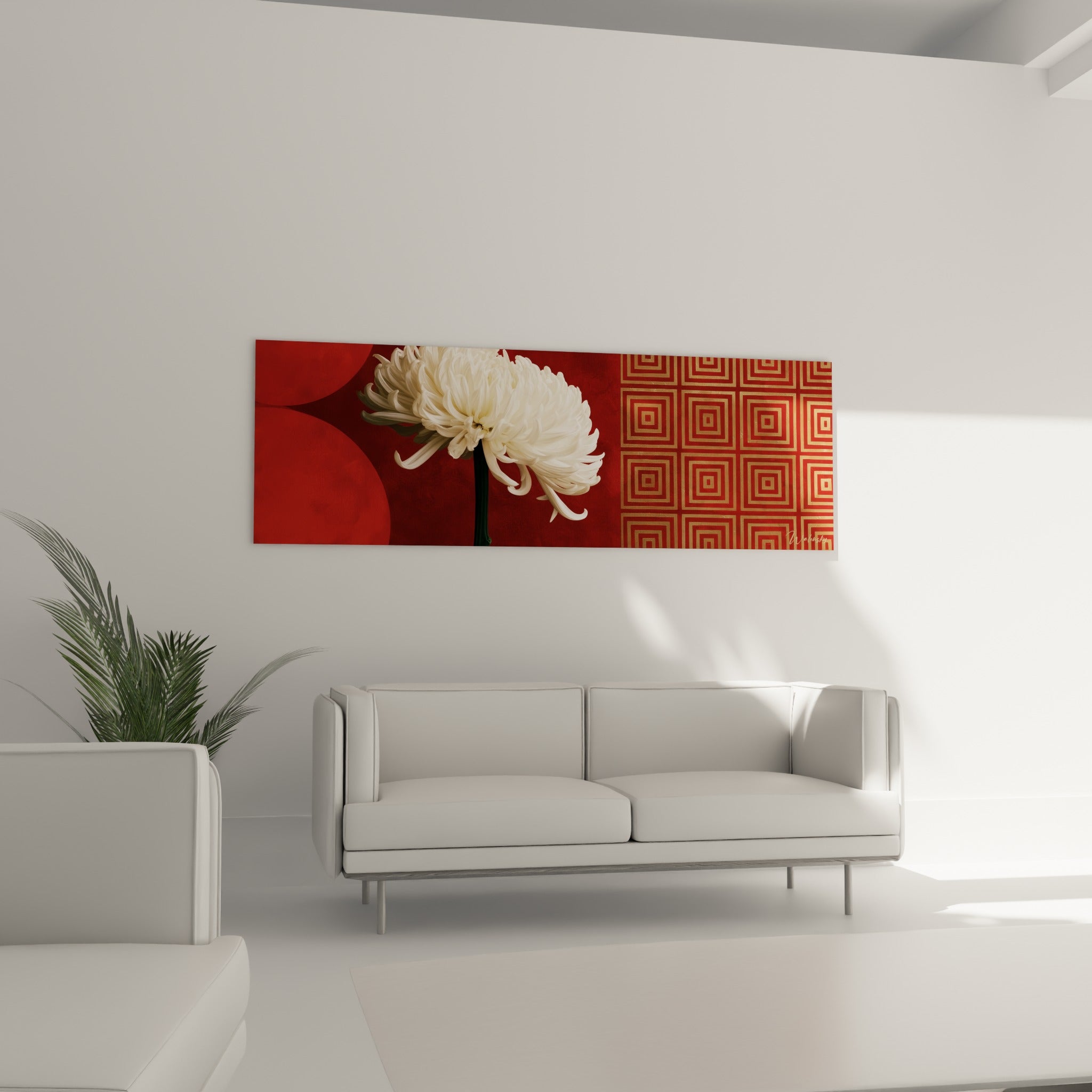 Pétales blancs du chrysanthème contrastant avec le bordeaux au-dessus d'un canapé dans un salon lumineux
