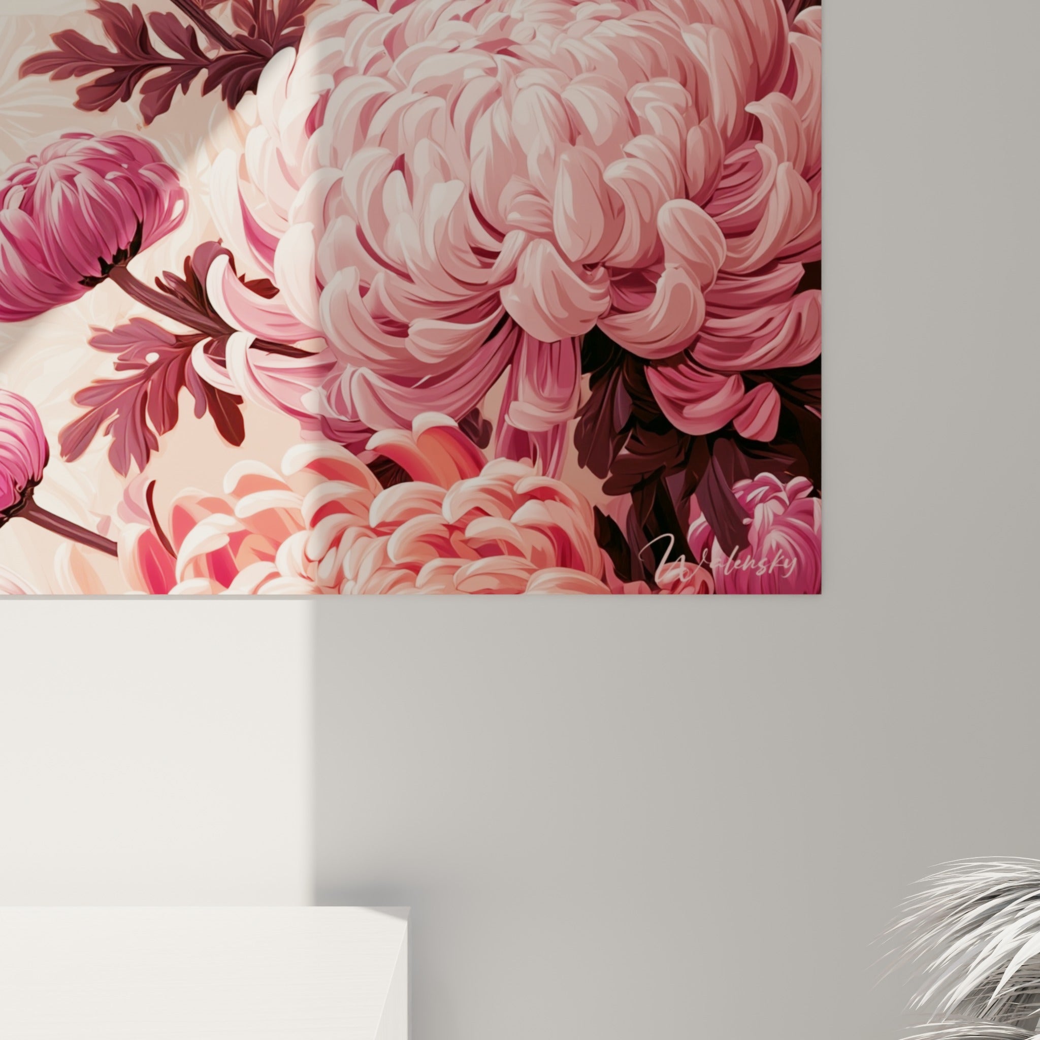 Pétales roses et bordeaux du chrysanthème dévoilant le grain fin de l'impression et ses nuances dégradées