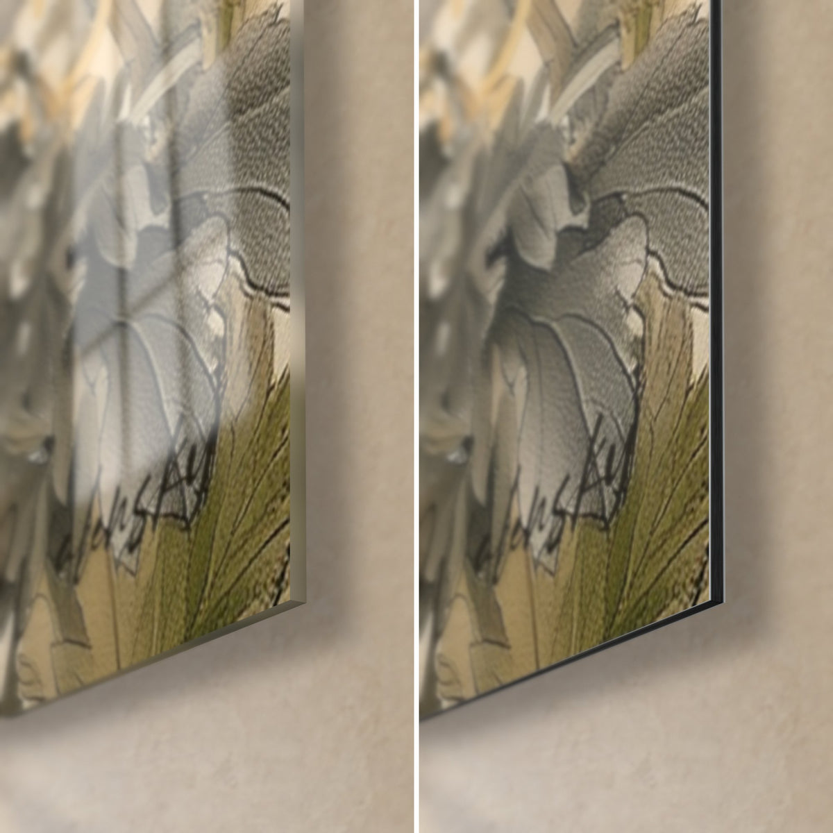 Gemälde Herbstpfingstrose mit weißen Blütenblättern und olivgrünen Blättern, Detail unten rechts, glänzendes Glas links, mattes Dibond rechts