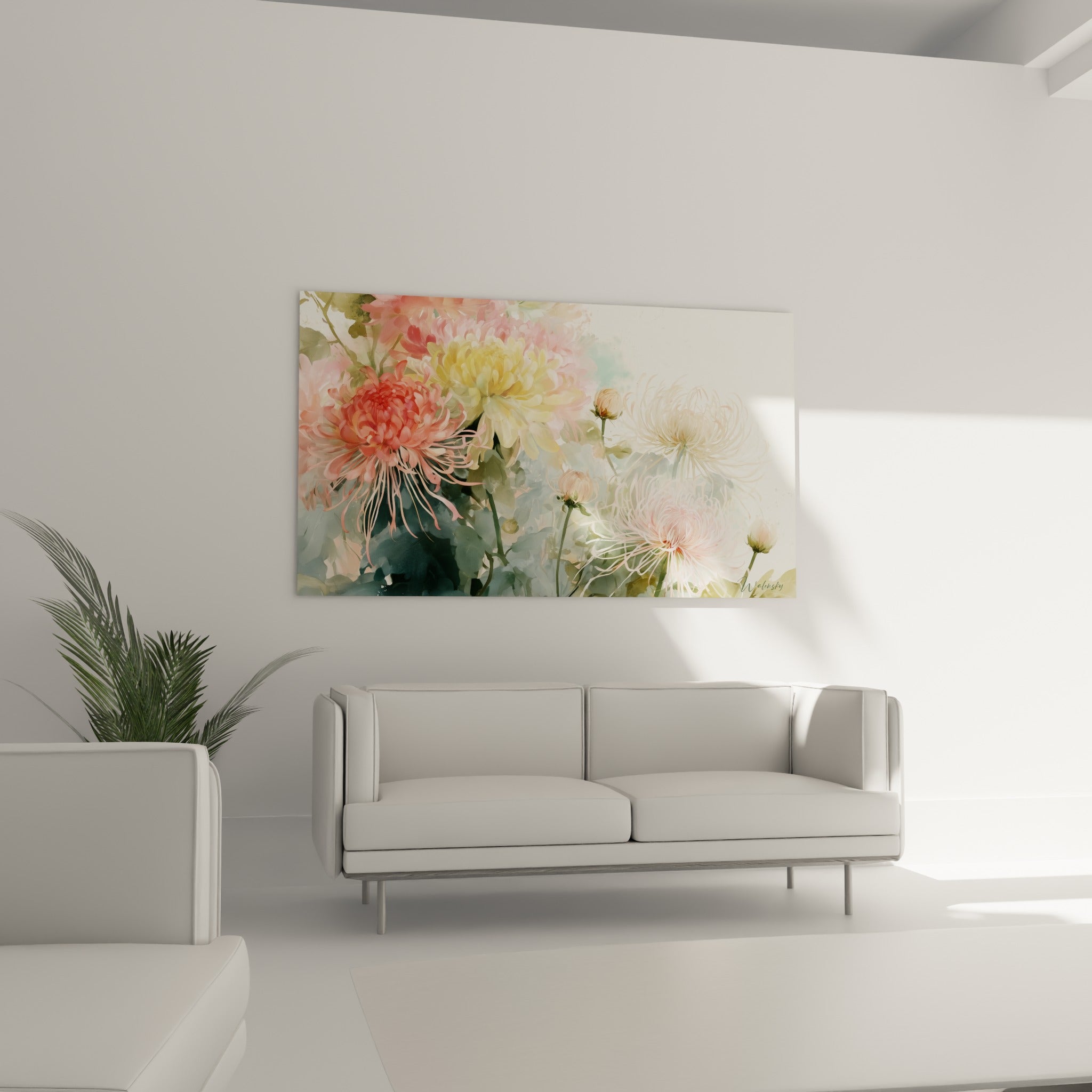 Bouquet de chrysanthèmes corail et jaune beurre en aquarelle, au-dessus d'un canapé dans un salon lumineux