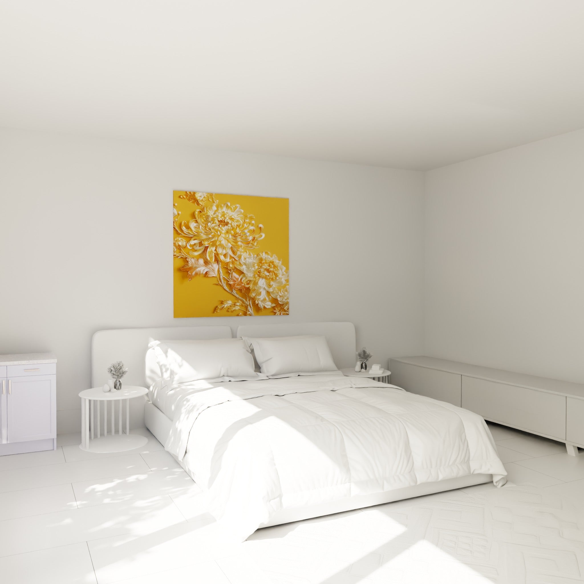 Fleurs de chrysanthème doré et blanc ivoire au-dessus d'un lit dans une chambre claire
