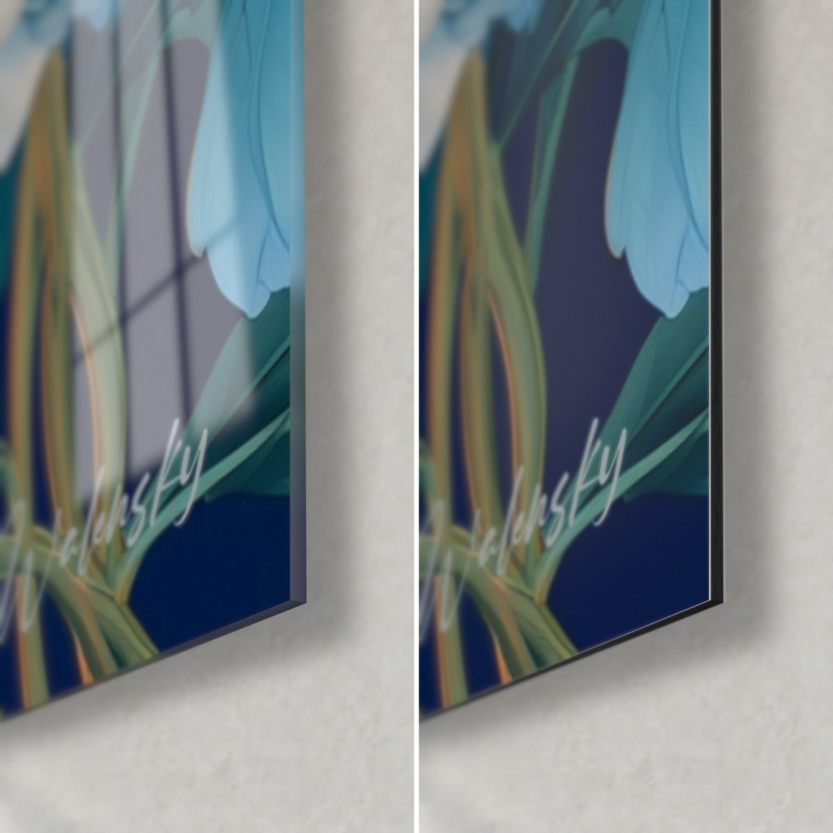 Tableau feuilles bleu ciel et tiges dorées, coin bas droit, verre brillant à gauche et Dibond mat à droite