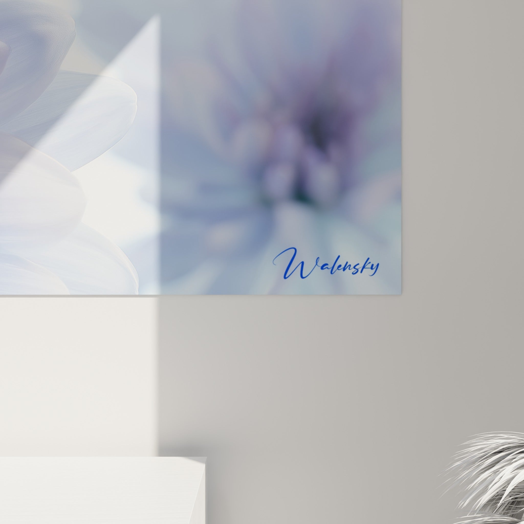 Pétales bleu givré et lavande du chrysanthème, grain fin, dégradés soyeux visibles de près sur la toile