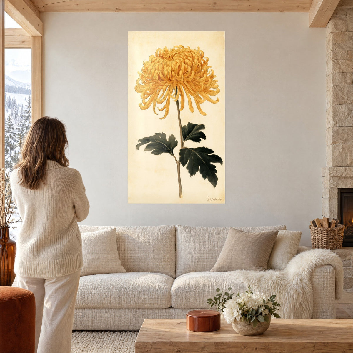 Tableau fleur d'or aux pétales frisés sur tige brune, feuillage vert sombre, fond crème, au-dessus d'un canapé dans un salon lumineux