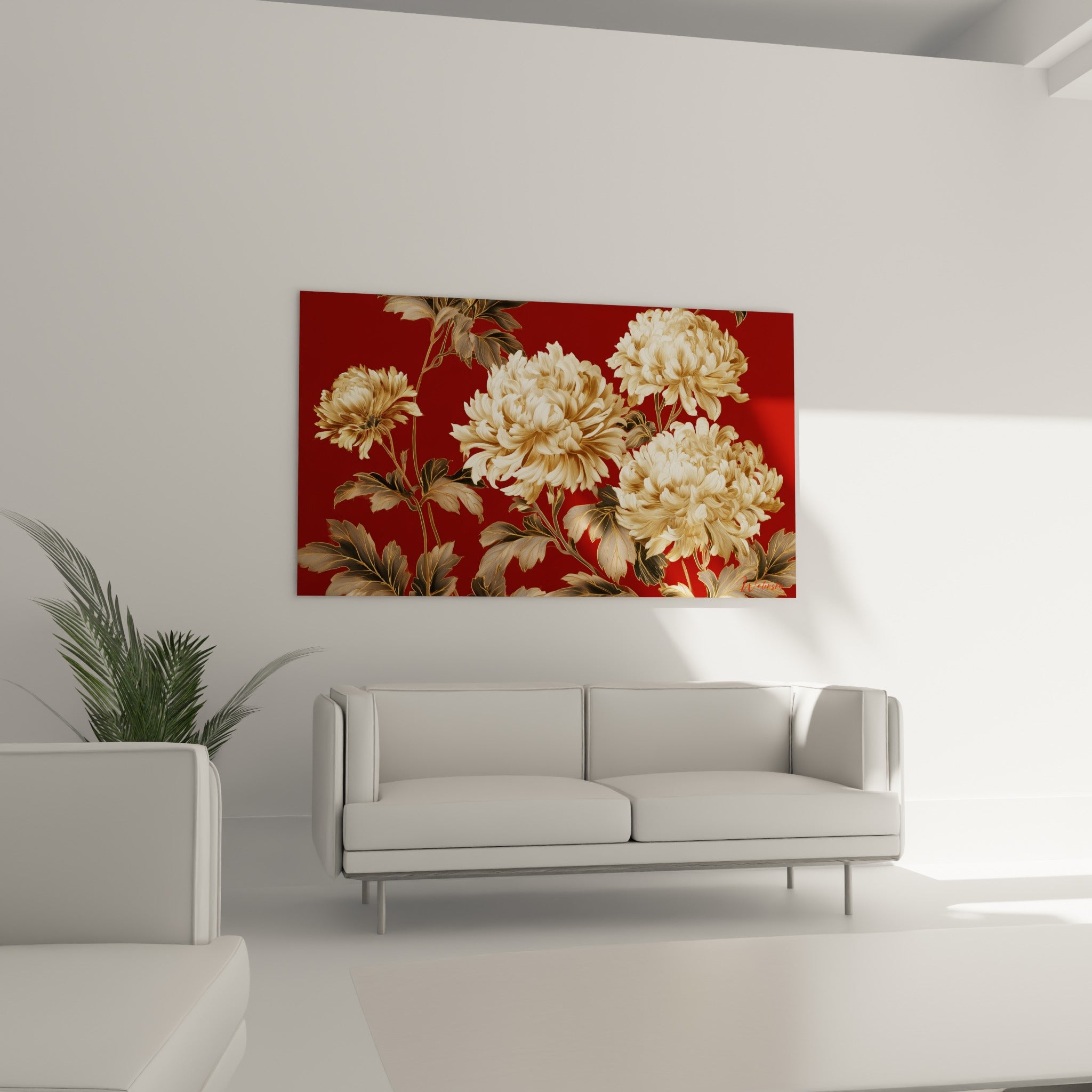 Bouquet de chrysanthème doré sur fond grenat suspendu au-dessus d'un canapé dans un salon lumineux