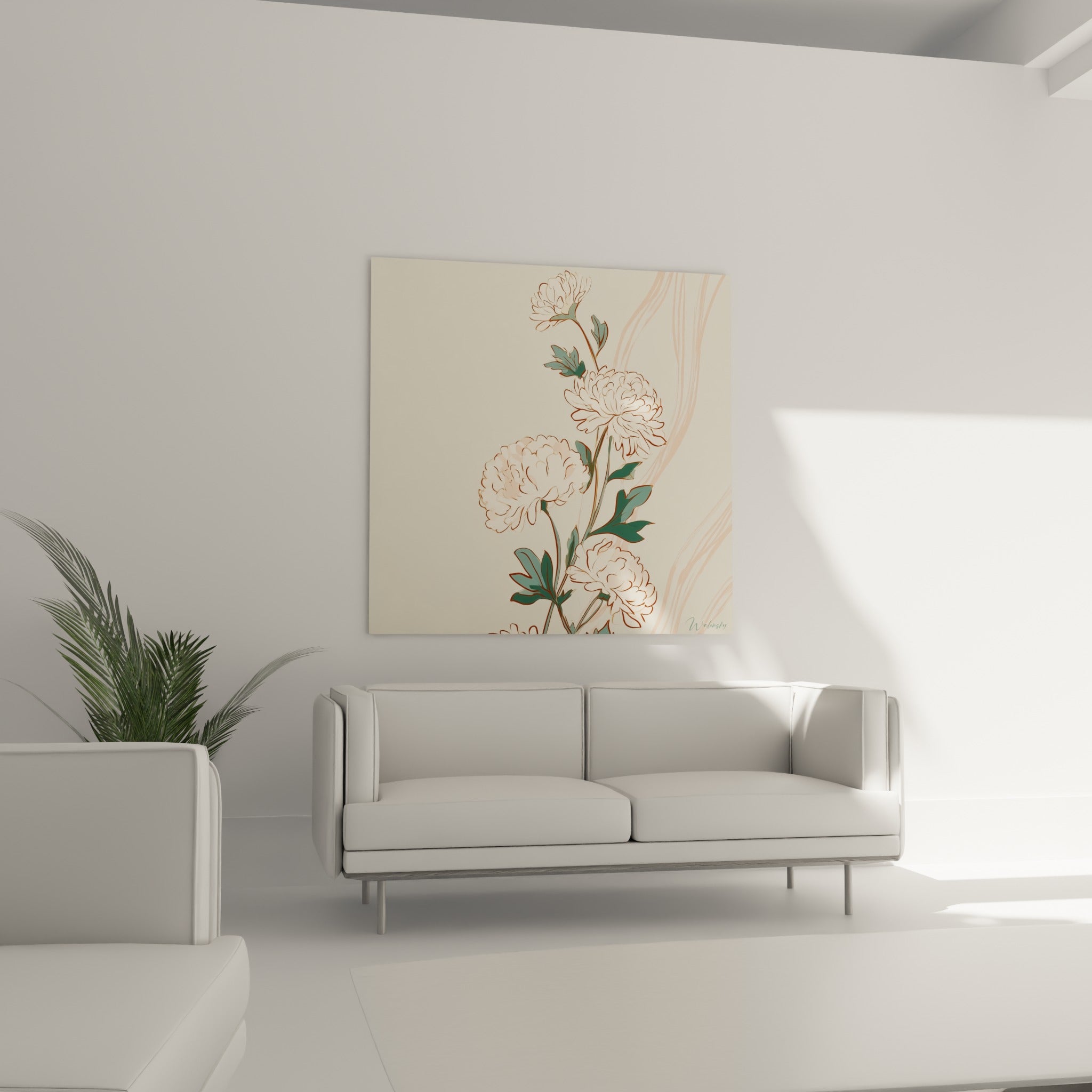 Fleurs de chrysanthème pastel et feuillage sauge au-dessus d'un canapé dans un salon lumineux