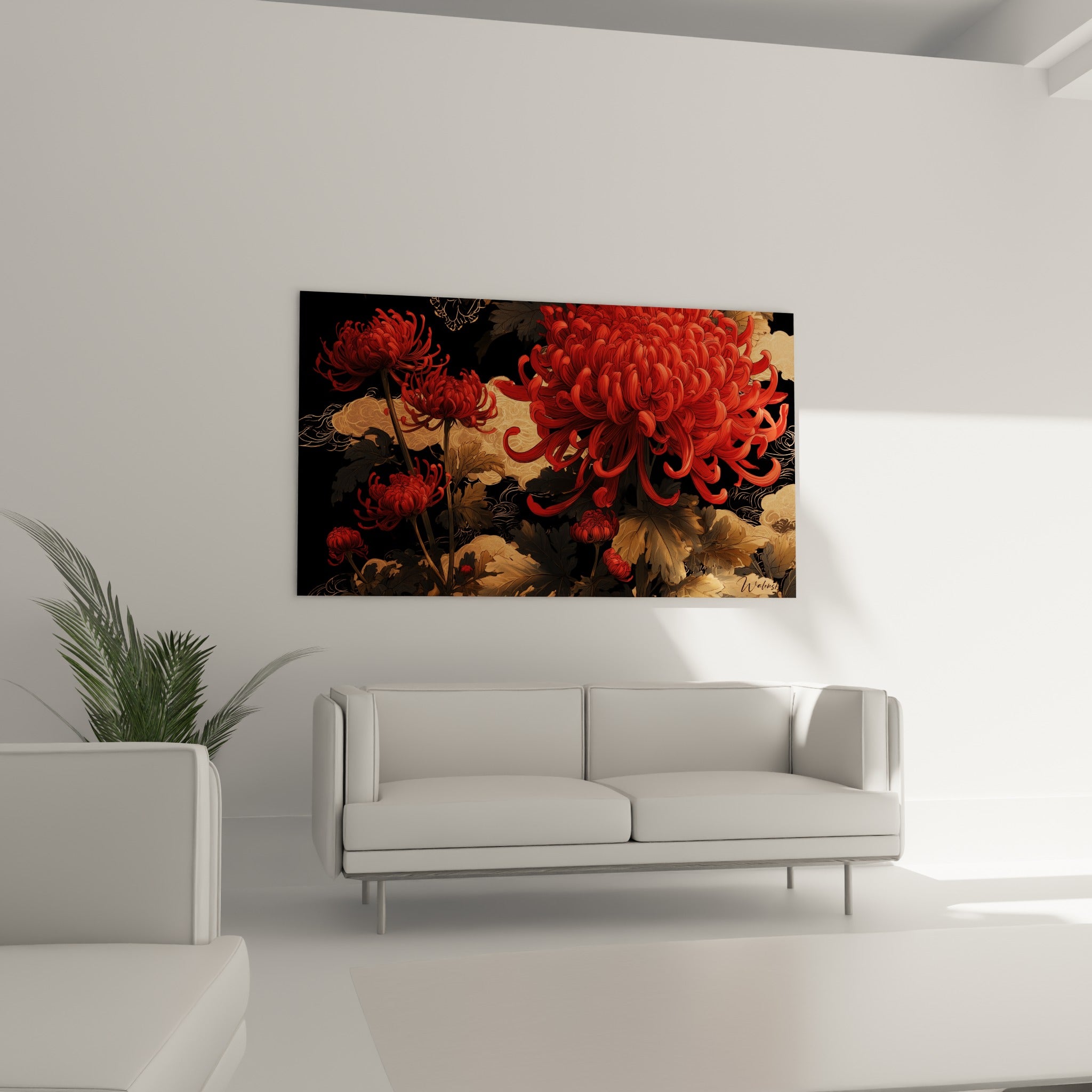 Bouquet de chrysanthèmes rouges sur fond sombre accroché au-dessus d'un canapé dans un salon lumineux