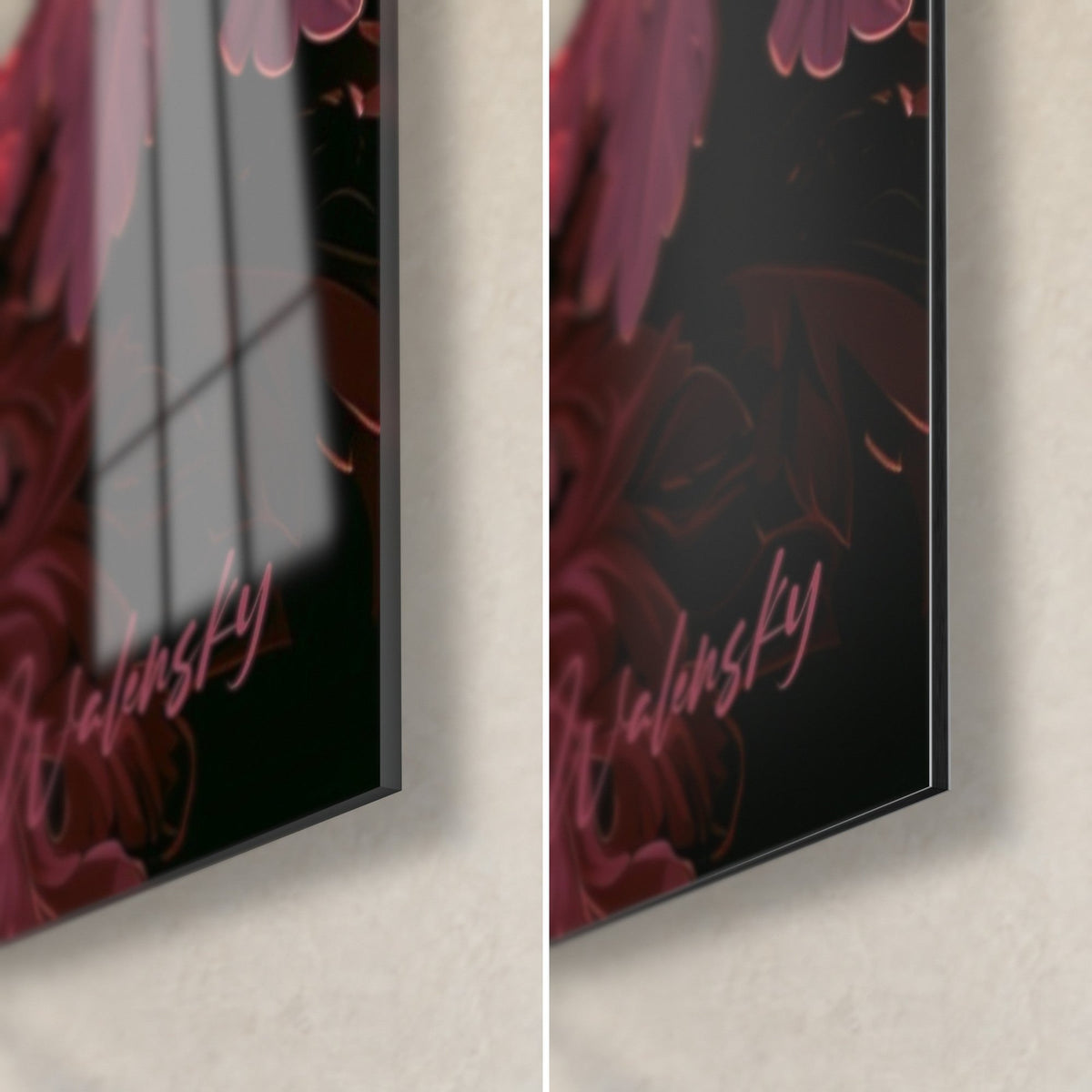 Tableau chrysanthèmes rose et bordeaux, coin bas droit : verre acrylique brillant à gauche, alu Dibond mat à droite, tranche de 3 mm