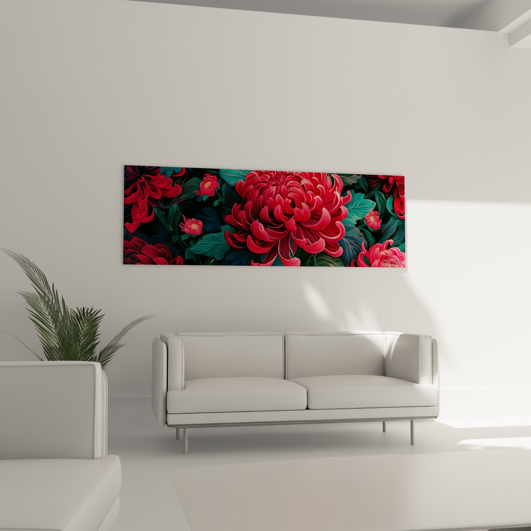 Pétales de chrysanthème rouge et boutons roses accrochés au-dessus d'un canapé dans un salon lumineux