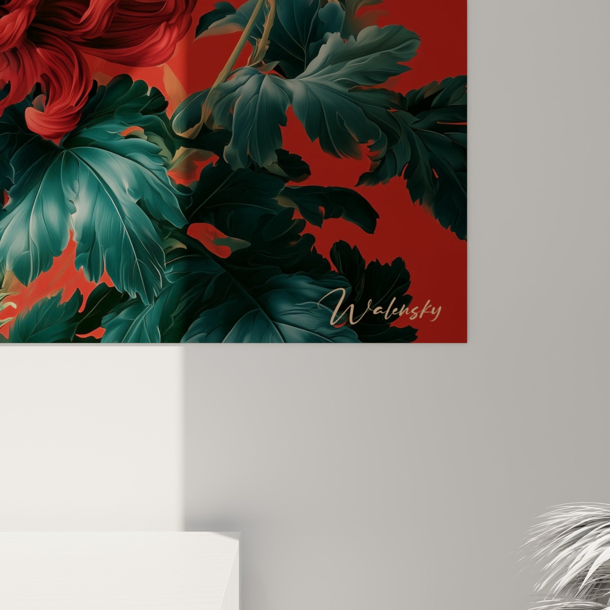 Pétales de chrysanthème rouge sombre et blanc crème révélant la texture peinte et le feuillage anthracite