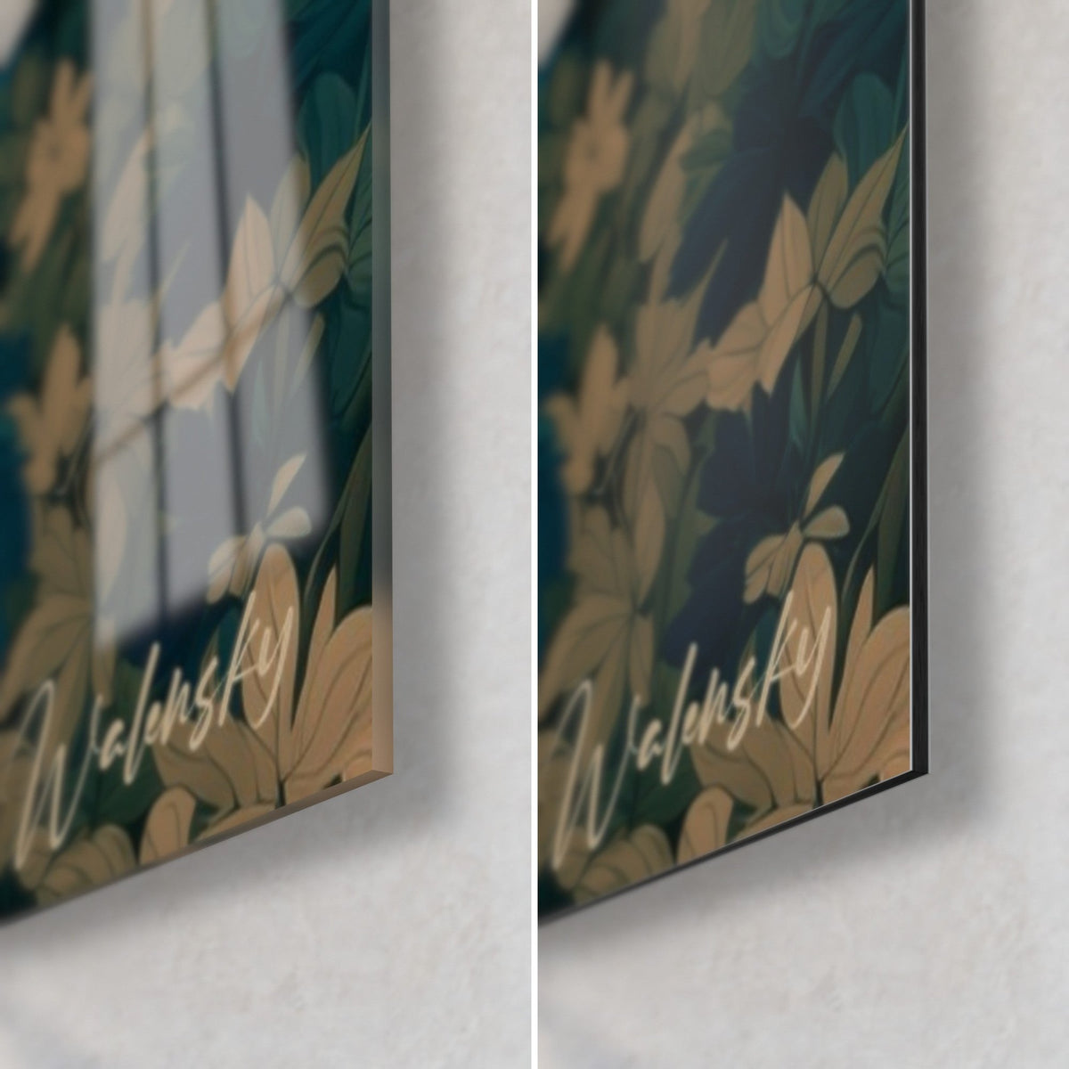 Wall art with white flowers and golden leaves, Walensky signature, bottom right corner: glossy glass on the left, matte black Dibond on the right