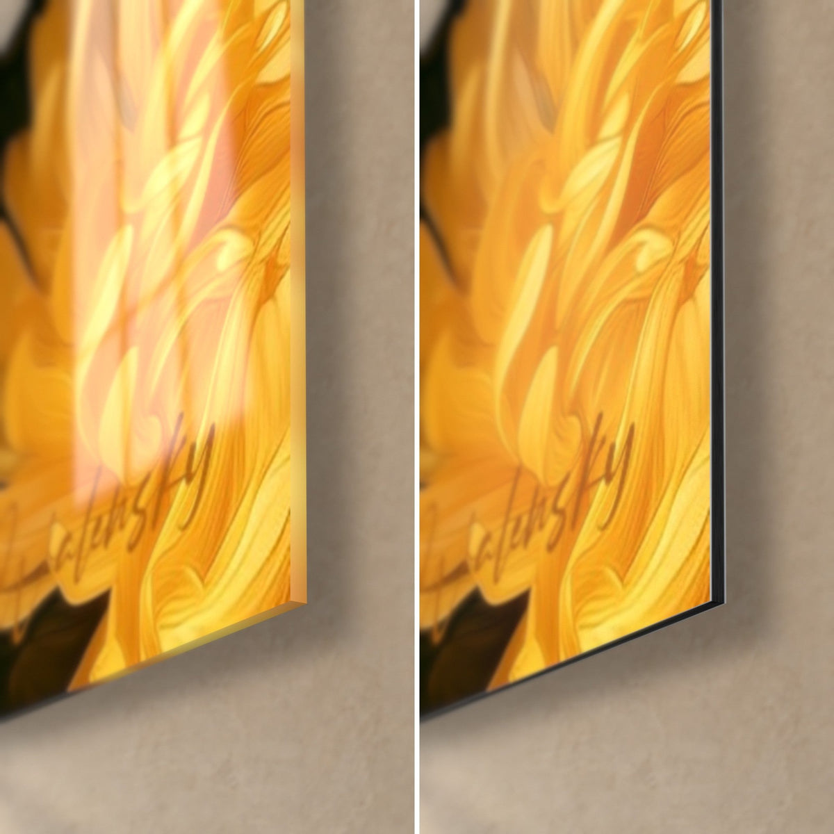 Wall art with an autumn bloom in honey-yellow petals and orange highlights, bottom right corner: glossy glass and matte Dibond aluminum