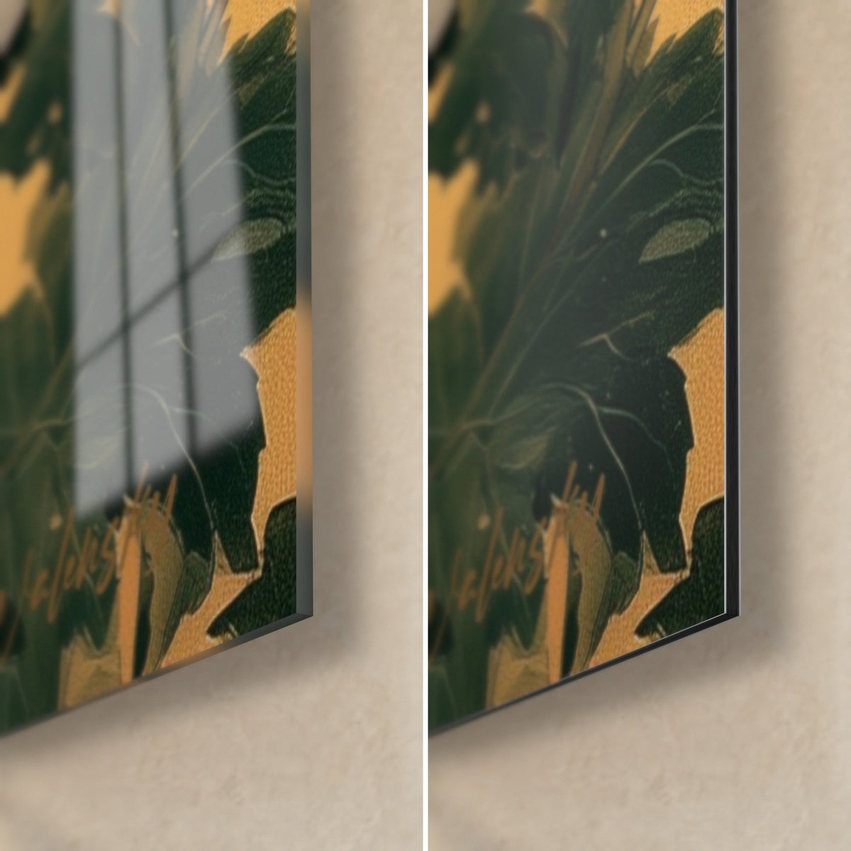 Tableau chrysanthèmes sur feuillage vert sombre et or, coin bas droit : verre acrylique brillant à gauche, Dibond mat à droite, tranche de 3 mm