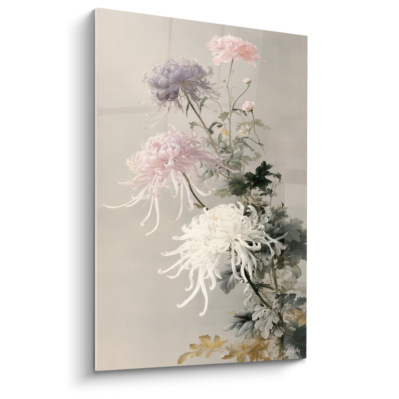 Tableau Chrysanthèmes mauves et blancs aux pétales effilés - Feuillage doré discret - Edition Chrysanthème