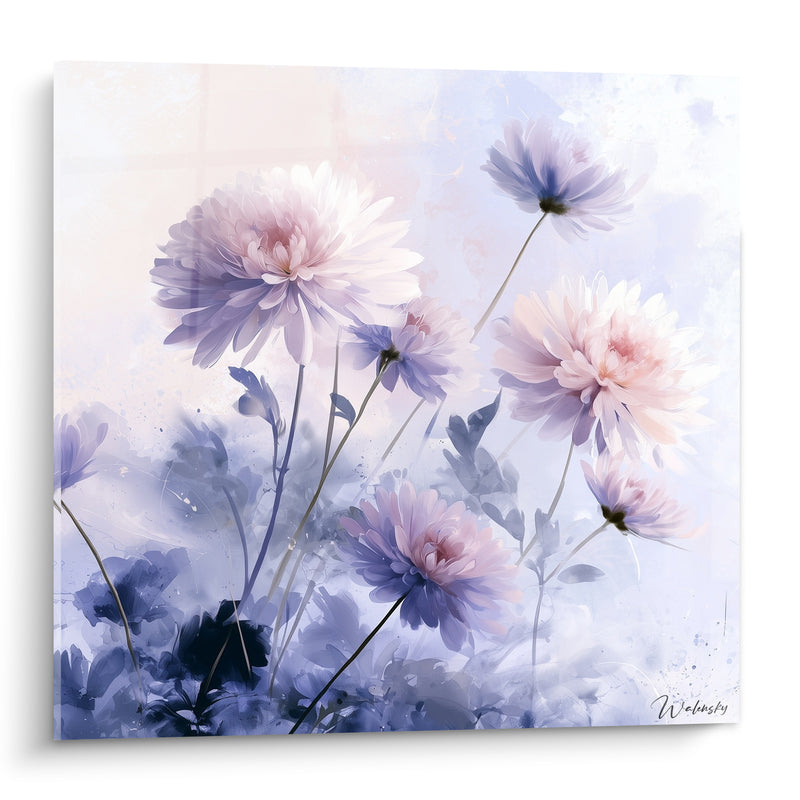 Tableau Chrysanthèmes rose pâle et bleu lavande éclaboussures - Silhouettes de feuillage brumeux - Edition Chrysanthème