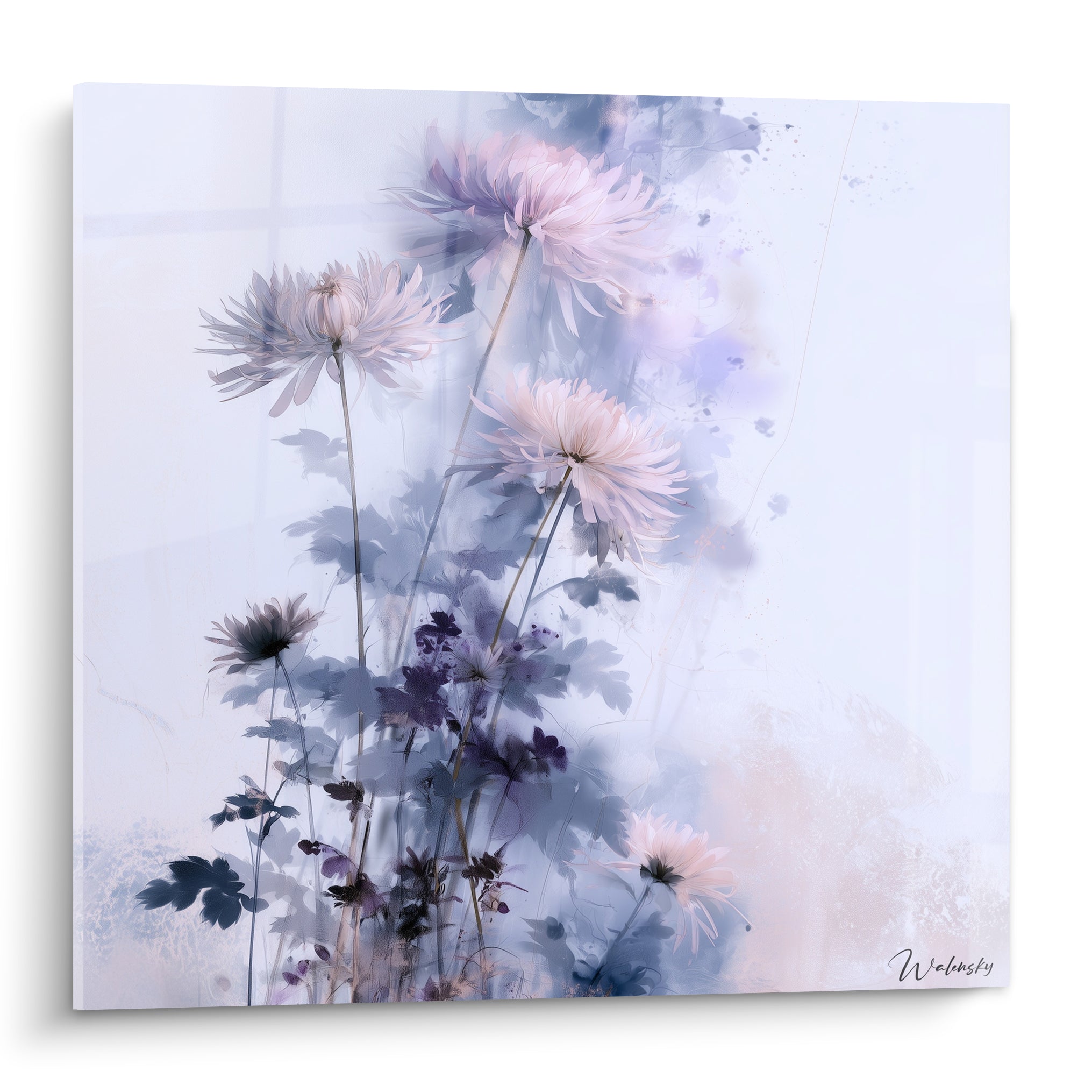 Chrysanthèmes roses et bleu poudré aux tiges fines sur fond blanc vaporeux