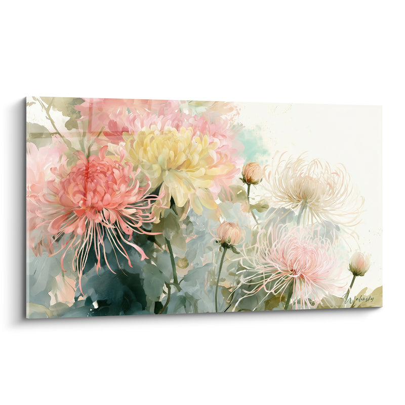 Tableau Chrysanthèmes roses et jaunes en aquarelle - Bouquet suspendu - Edition Chrysanthème