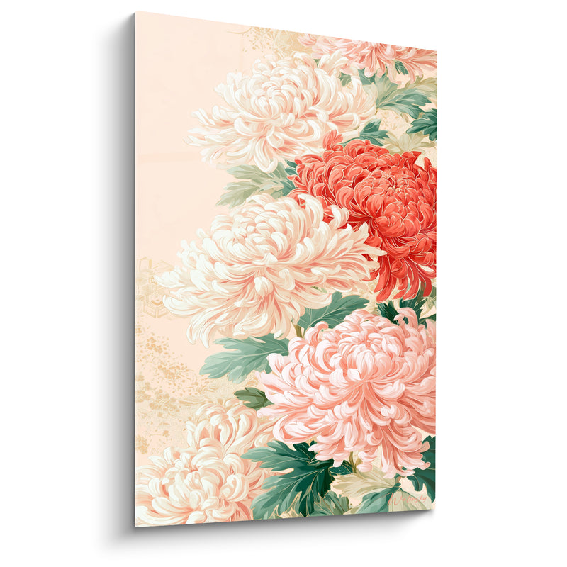 Tableau Chrysanthèmes ivoire et corail sur fond pêche - Motifs dorés discrets - Edition Chrysanthème