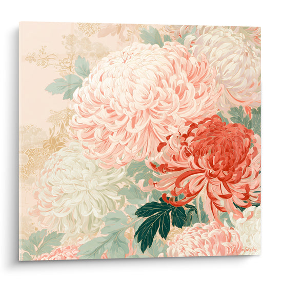 Chrysanthèmes roses et corail aux pétales effilés sur fond beige orné de motifs dorés