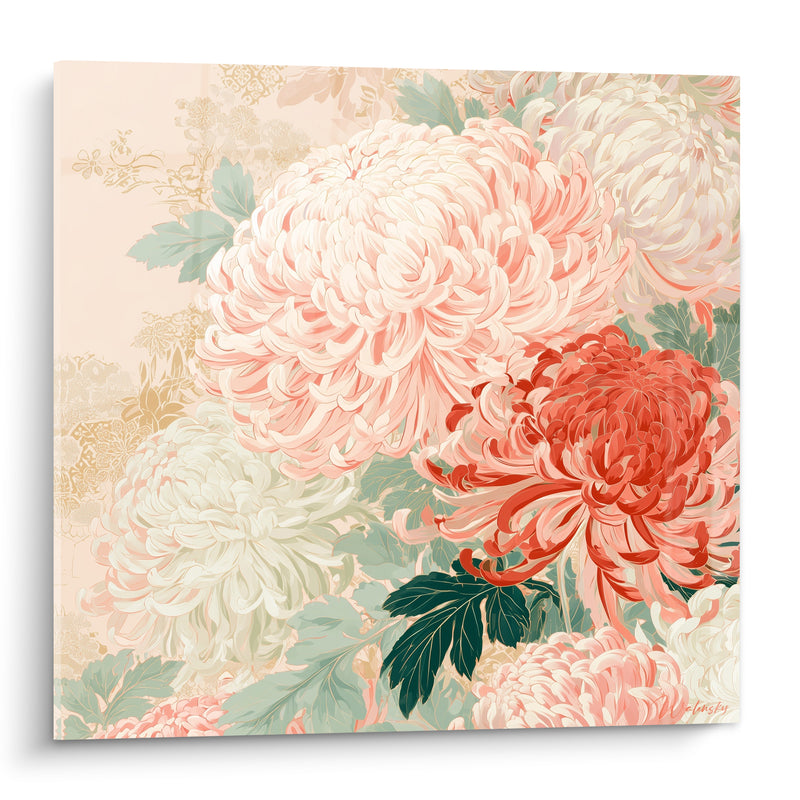 Tableau Chrysanthèmes roses et rouge corail épanouis - Floraison délicate - Edition Chrysanthème