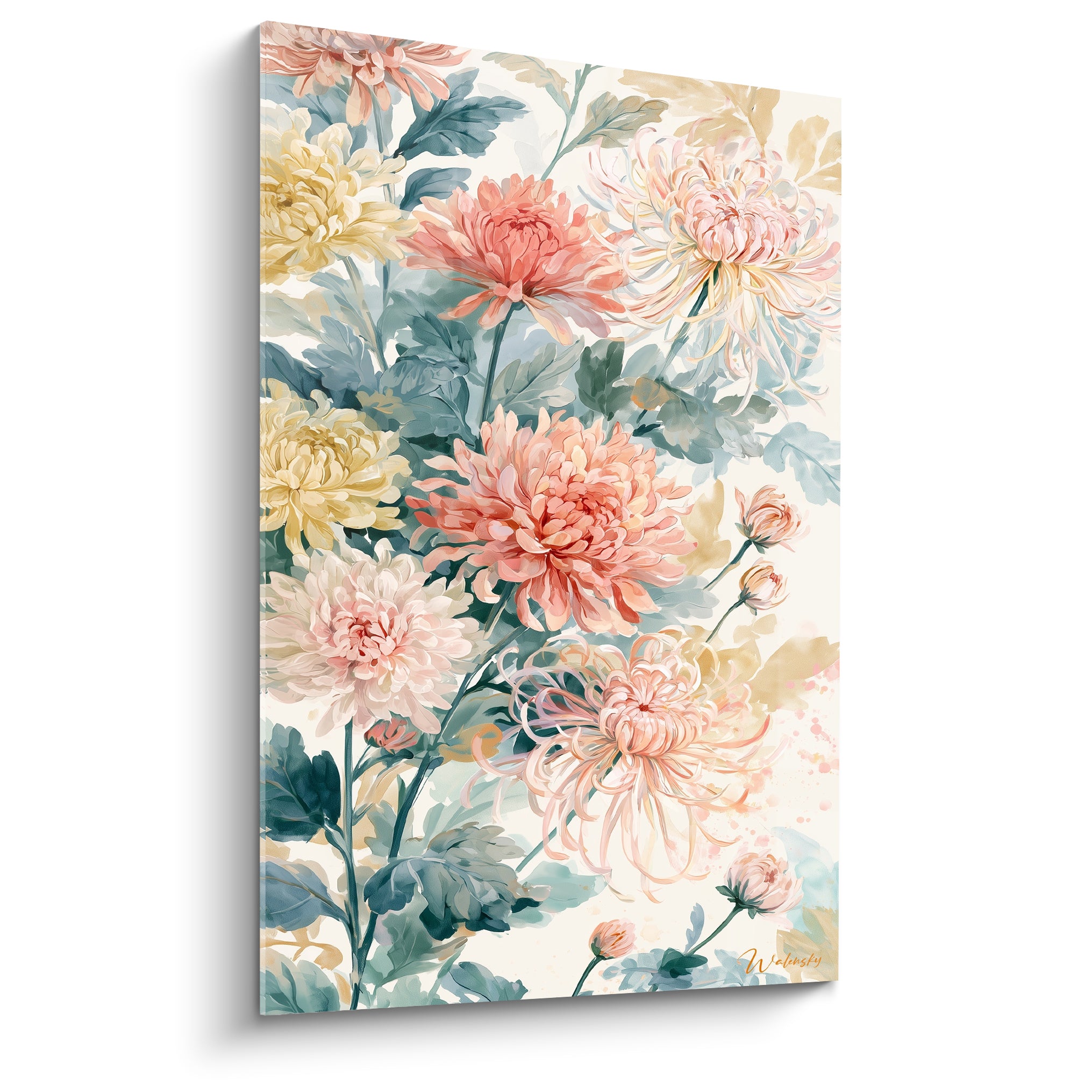 Bouquet de chrysanthèmes rose corail et jaune pâle sur fond ivoire, traitement aquarelle délicat