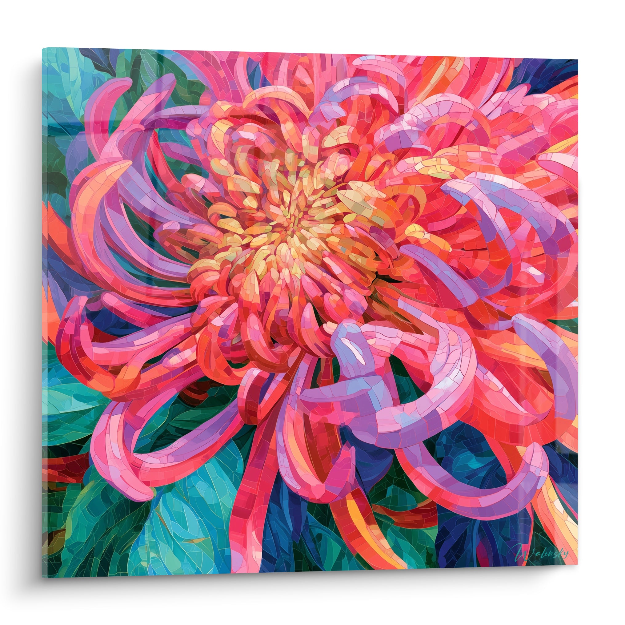 Chrysanthème rose et corail aux pétales spiralés, cœur doré, mosaïque colorée sur fond vert émeraude