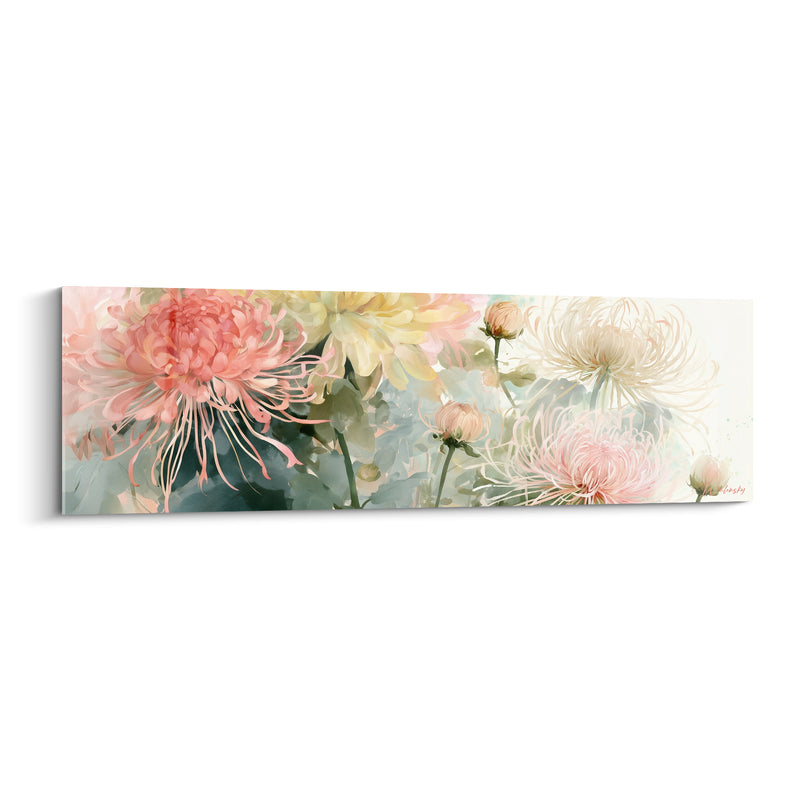 Tableau Chrysanthèmes corail et ivoire aux pétales filandreux - Boutons en grappe - Edition Chrysanthème