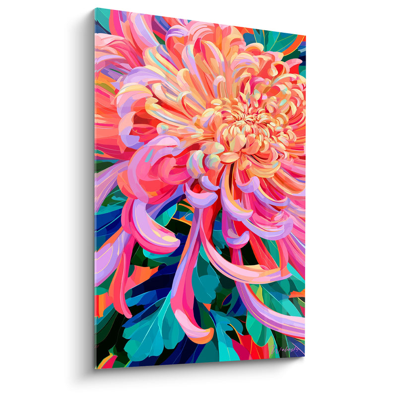 Tableau Chrysanthème corail et lavande aux pétales tourbillonnants - Feuillage turquoise vibrant - Edition Chrysanthème