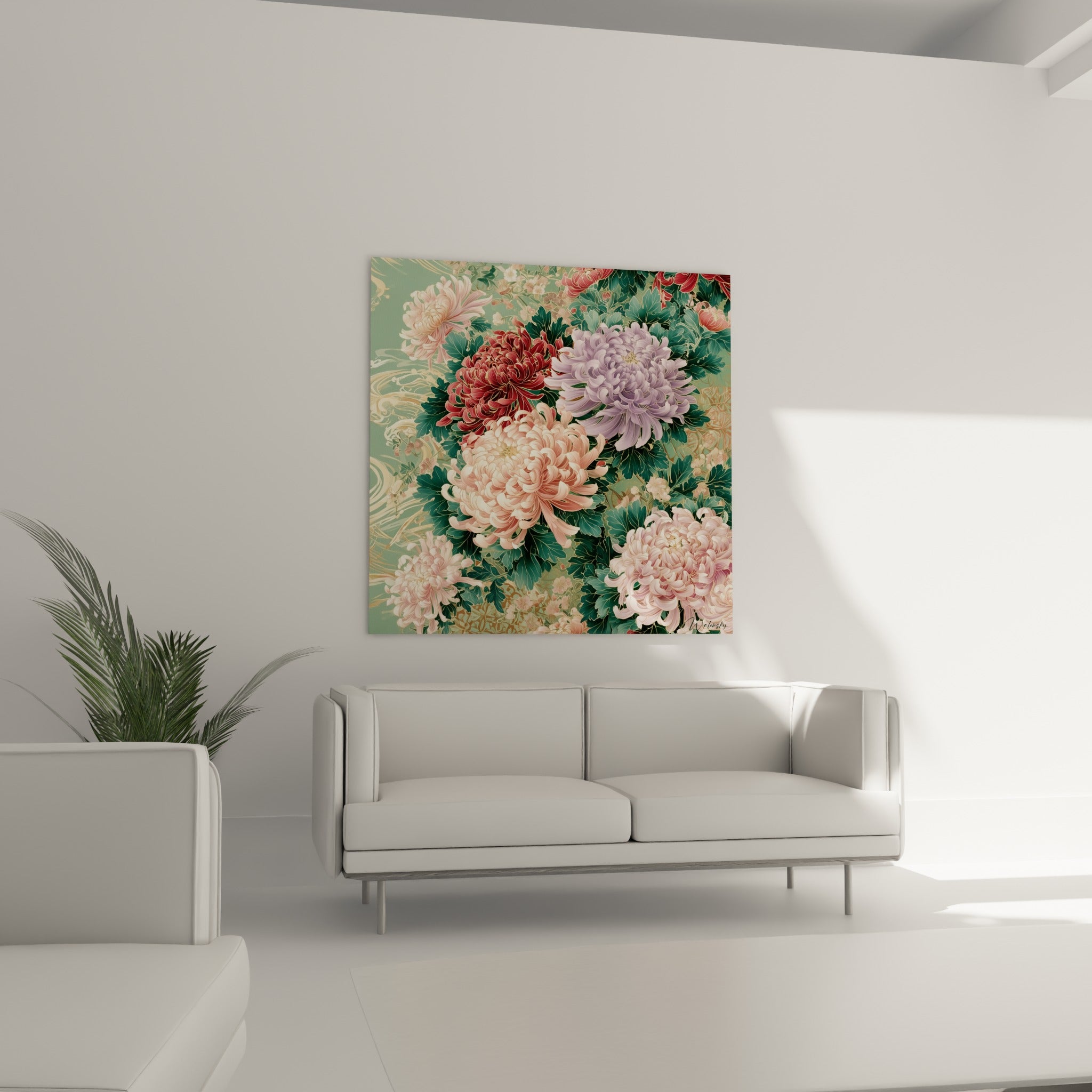 Fleurs de chrysanthème rose pâle et corail au-dessus d'un canapé dans un salon lumineux
